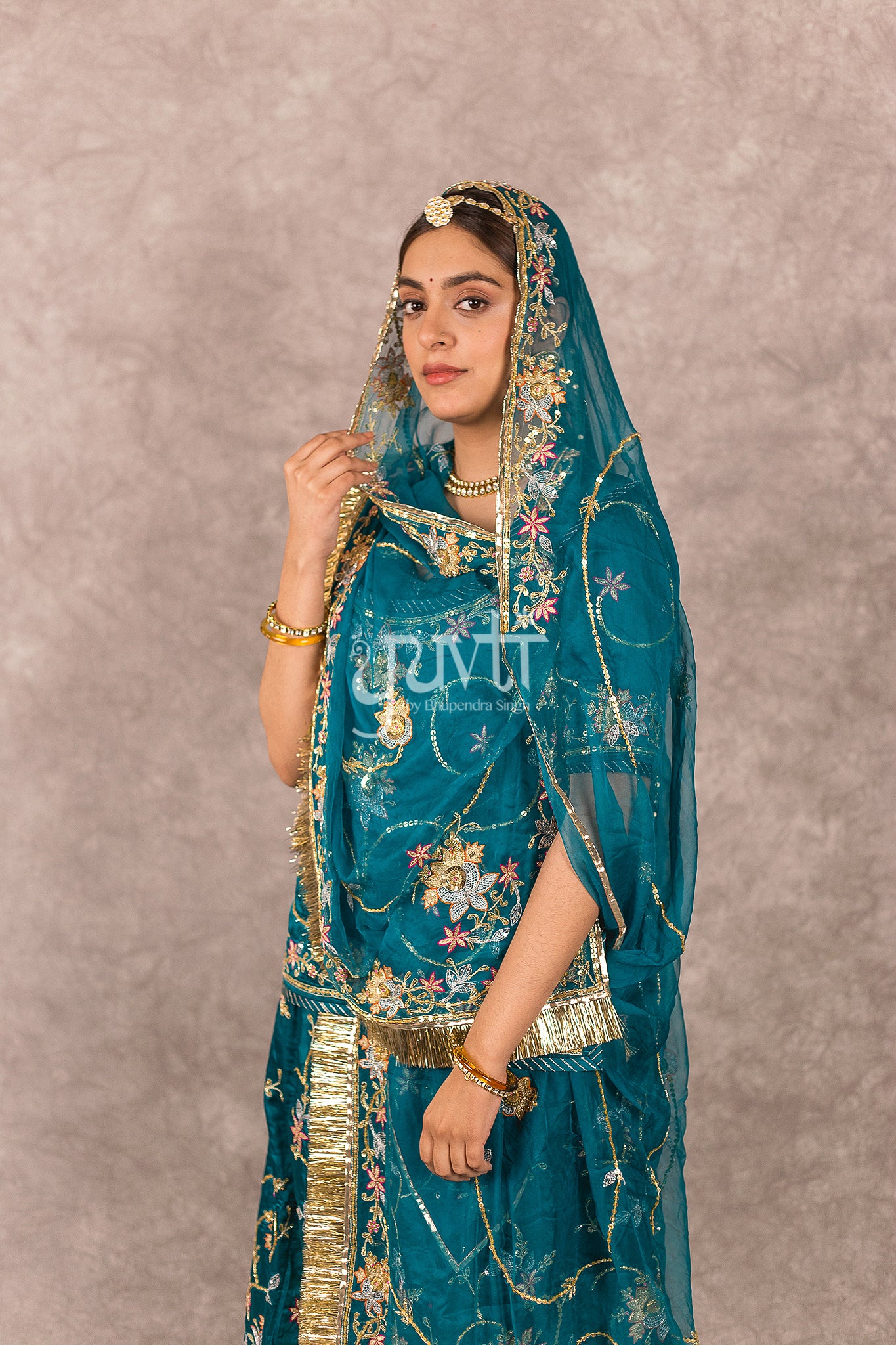 Rama Green bamber satin Aari Resham Sequins Handwork Rajputi Poshak with Pure odhna