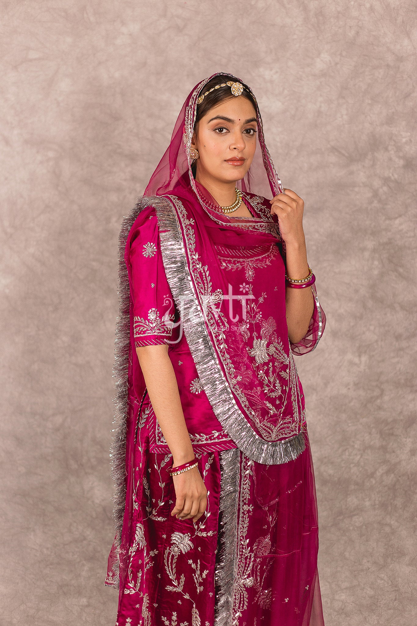 Wine Bamber Satin Zardosi work Rajputi Poshak