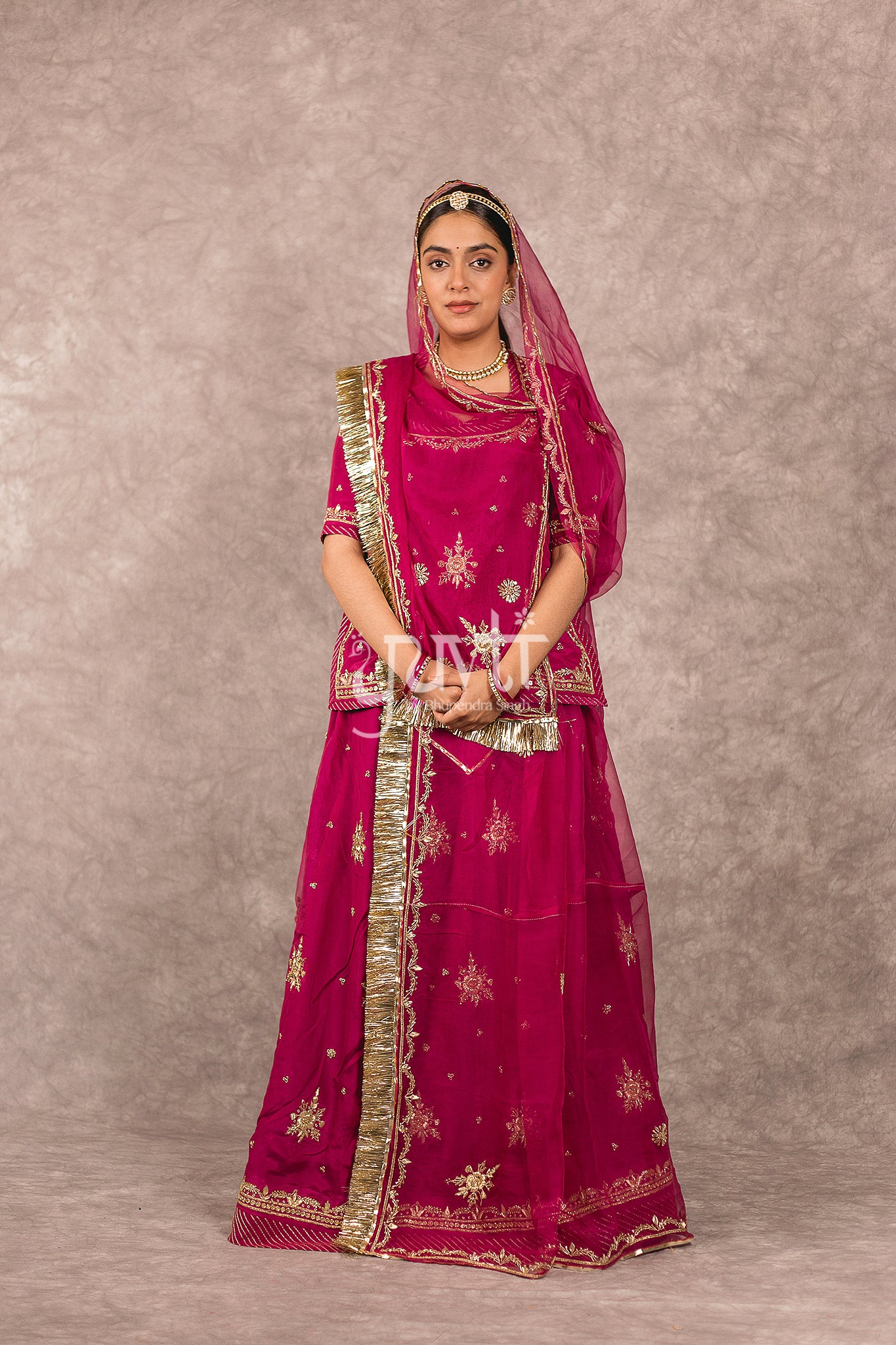 Wine Bamber Satin Zardosi Boota Work Rajputi Poshak