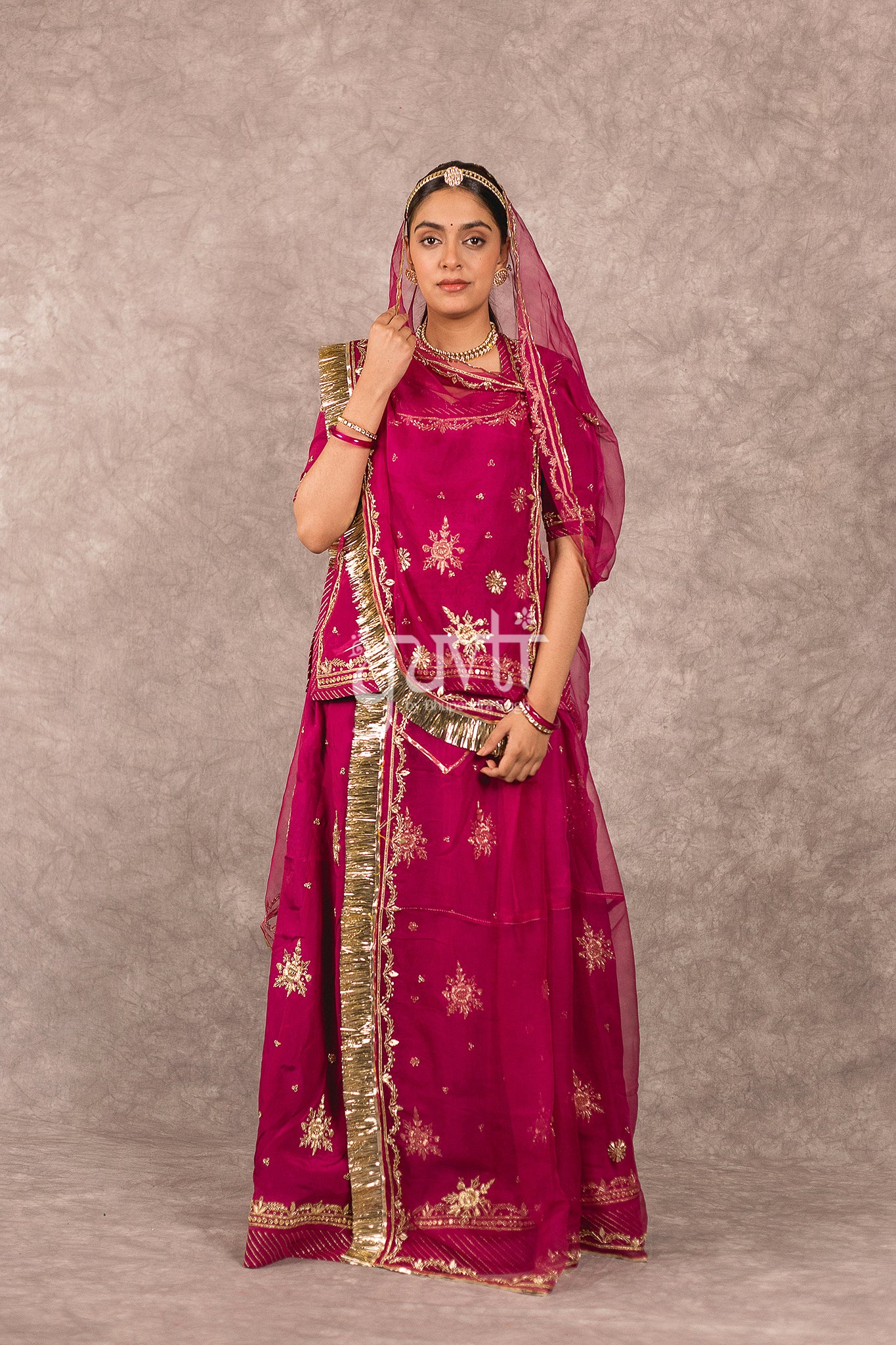 Wine Bamber Satin Zardosi Boota Work Rajputi Poshak