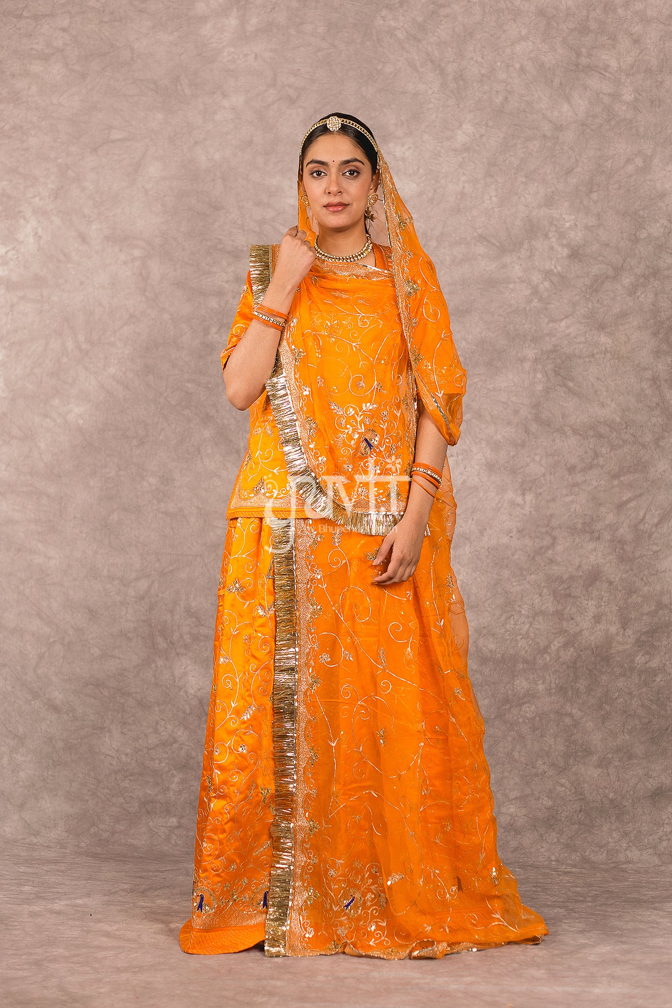 Orange Bamber Satin Aari Sequins Work Rajputi Poshak