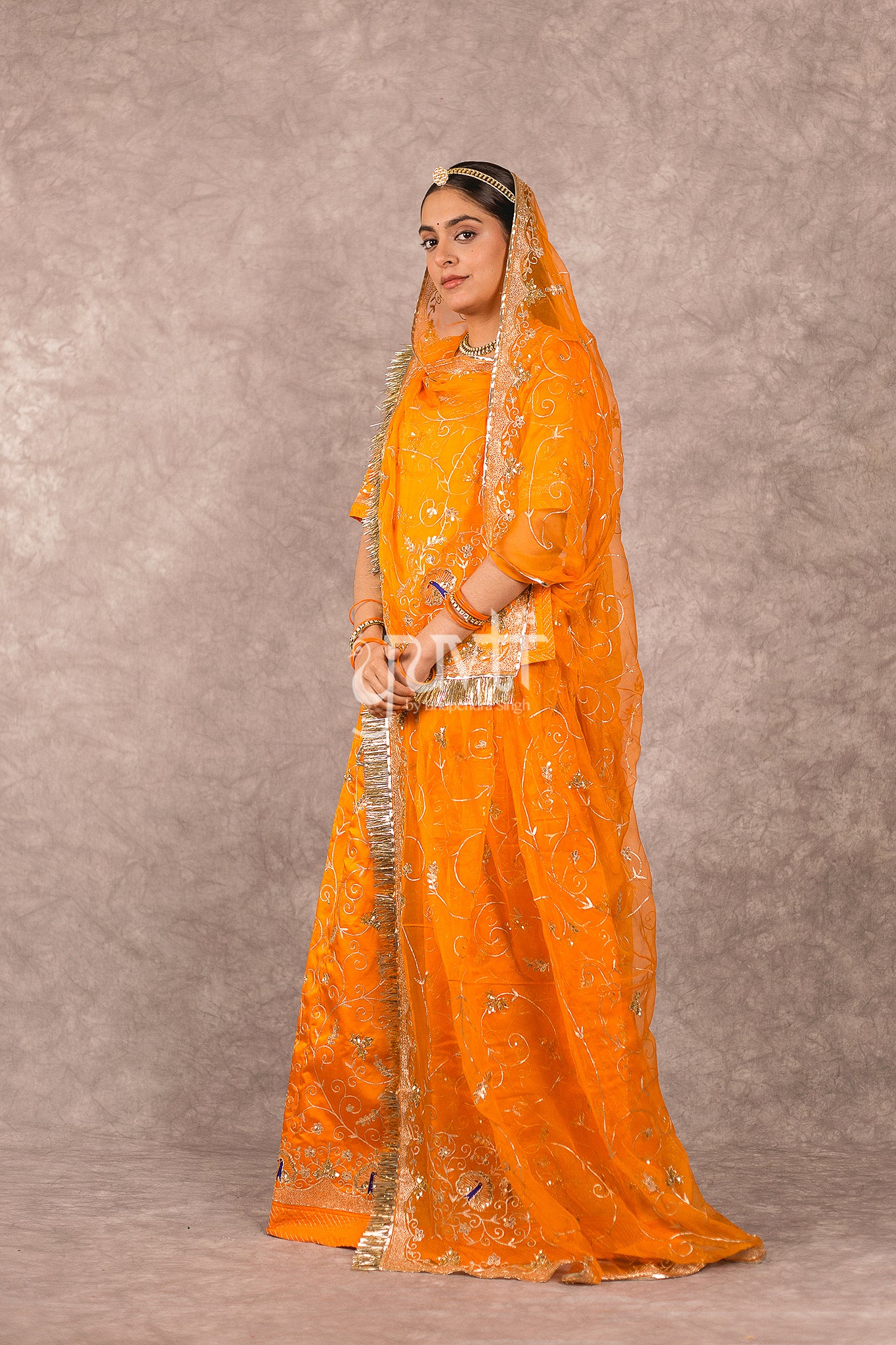 Orange Bamber Satin Aari Sequins Work Rajputi Poshak