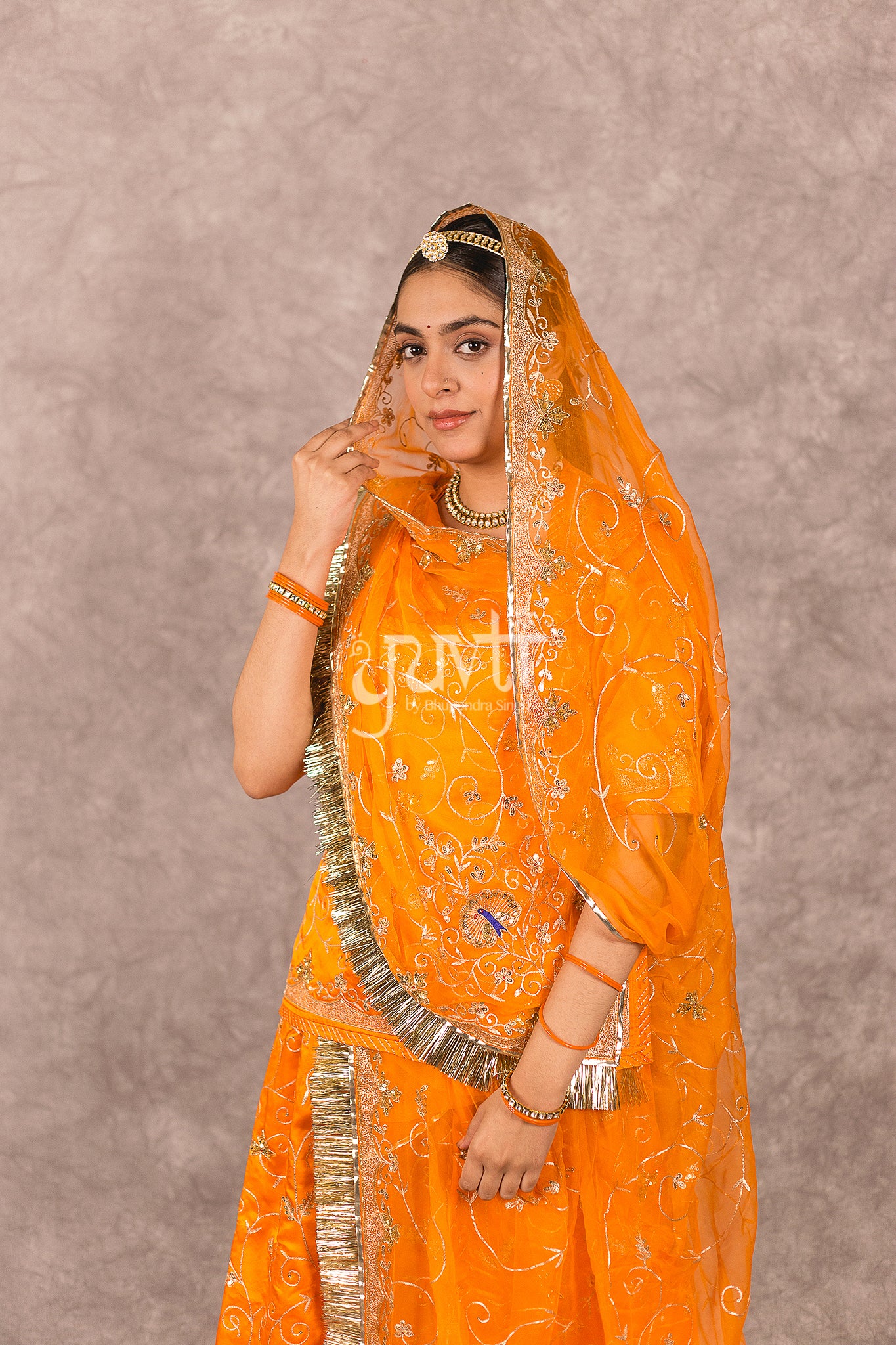 Orange Bamber Satin Aari Sequins Work Rajputi Poshak