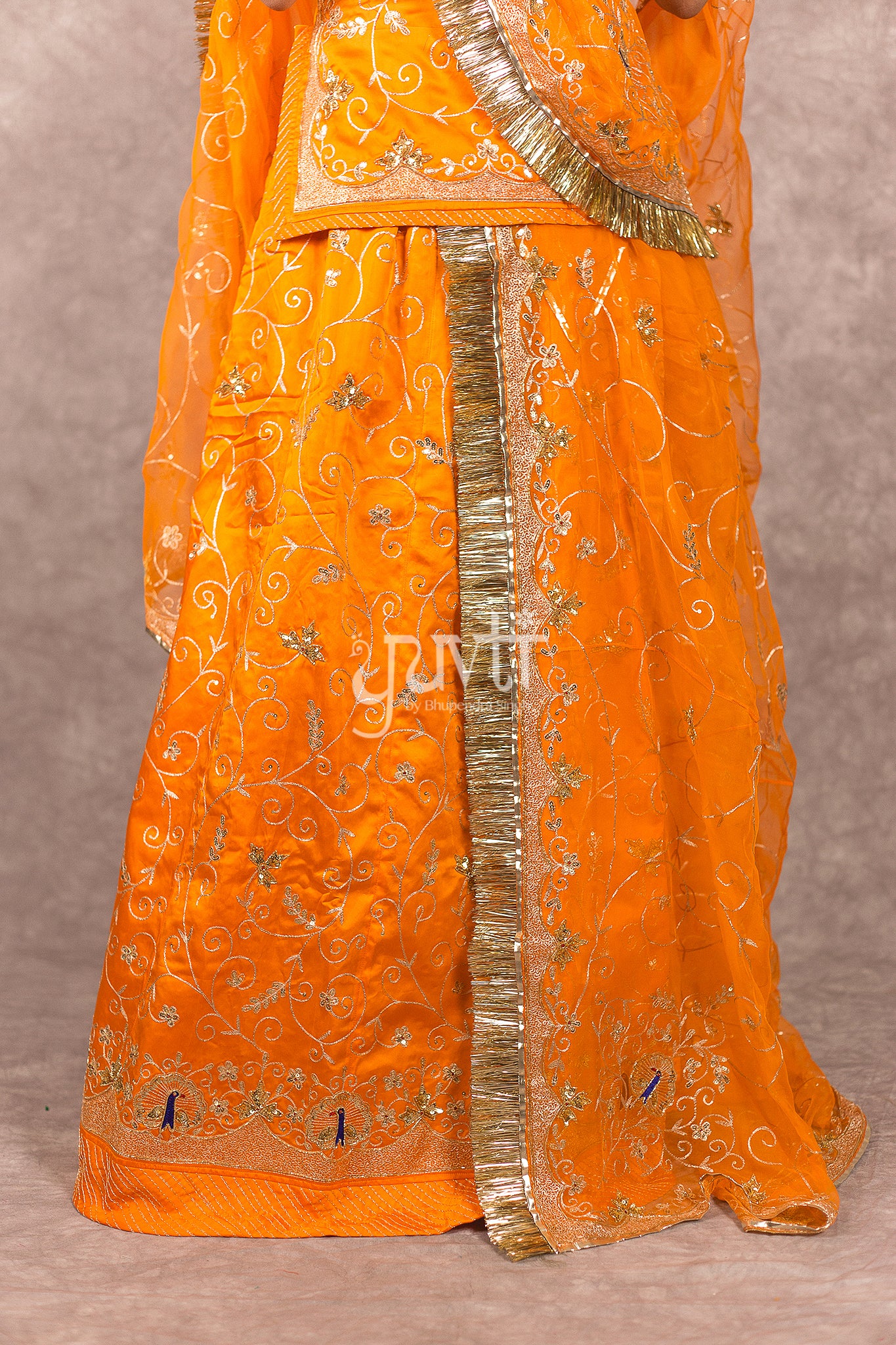 Orange Bamber Satin Aari Sequins Work Rajputi Poshak