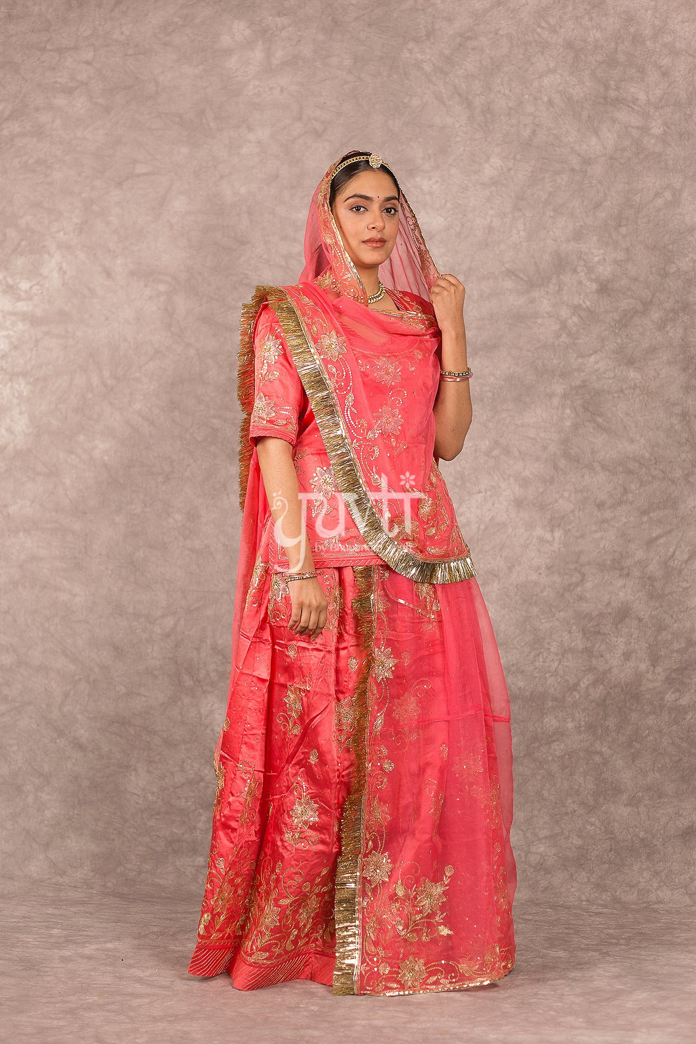 Gajri Pink Bamber Satin Aari Seqins Work Rajputi Poshak