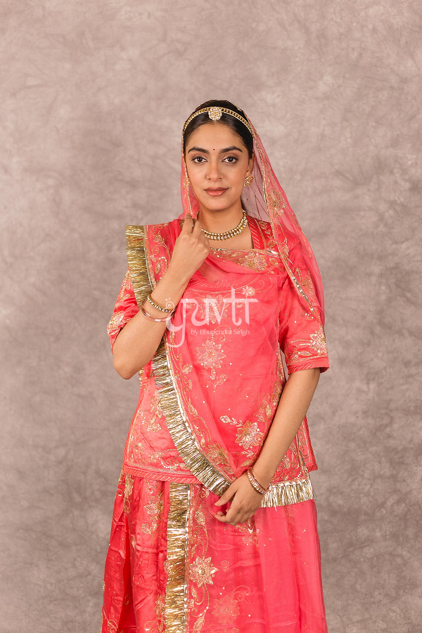 Gajri Pink Bamber Satin Aari Seqins Work Rajputi Poshak