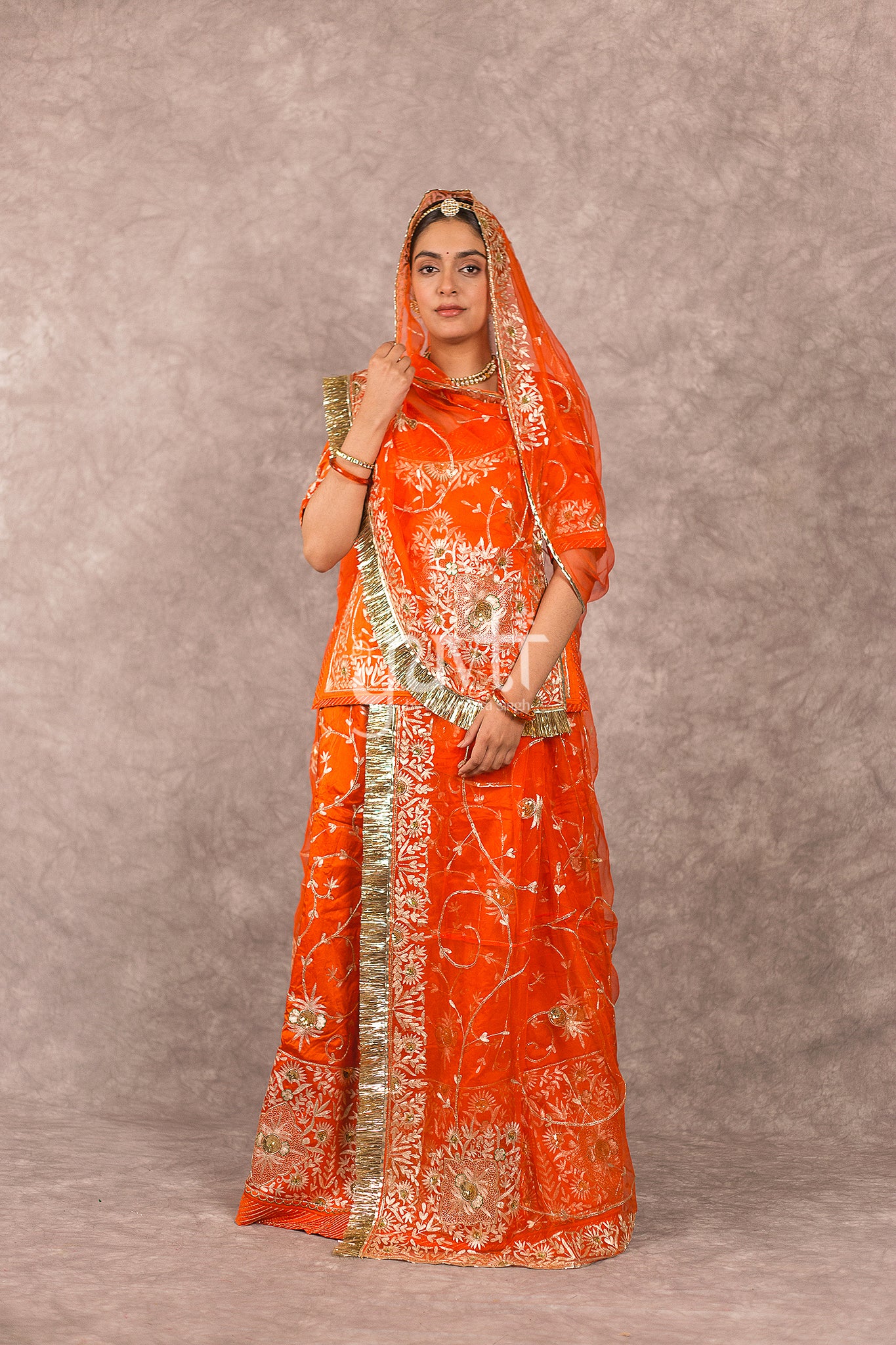 Orange bamber satin Aari Zardosi Handwork Rajputi Poshak with Pure odhna