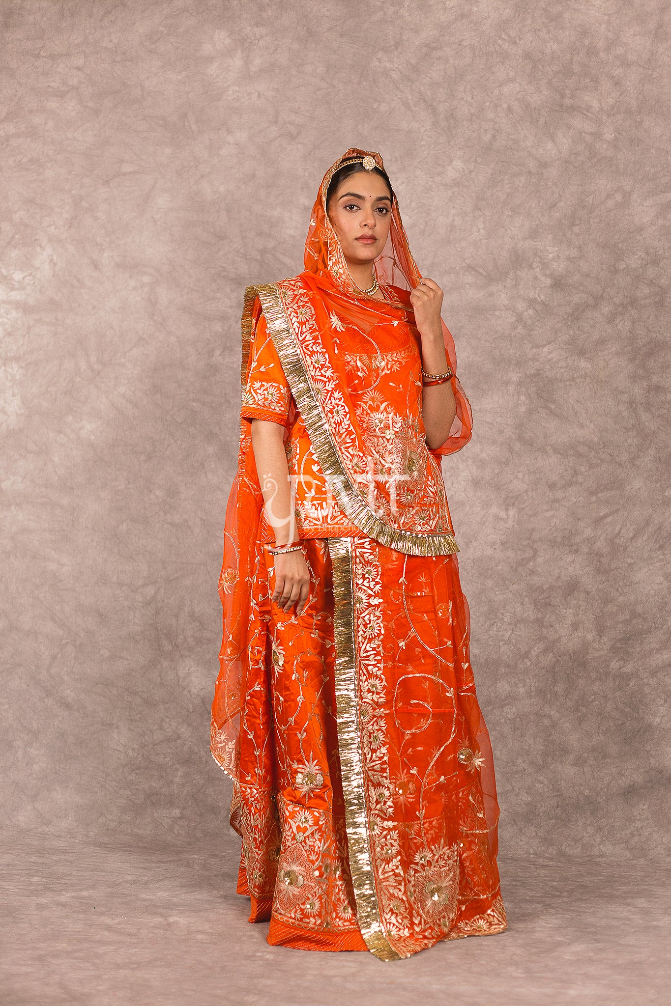 Orange bamber satin Aari Zardosi Handwork Rajputi Poshak with Pure odhna