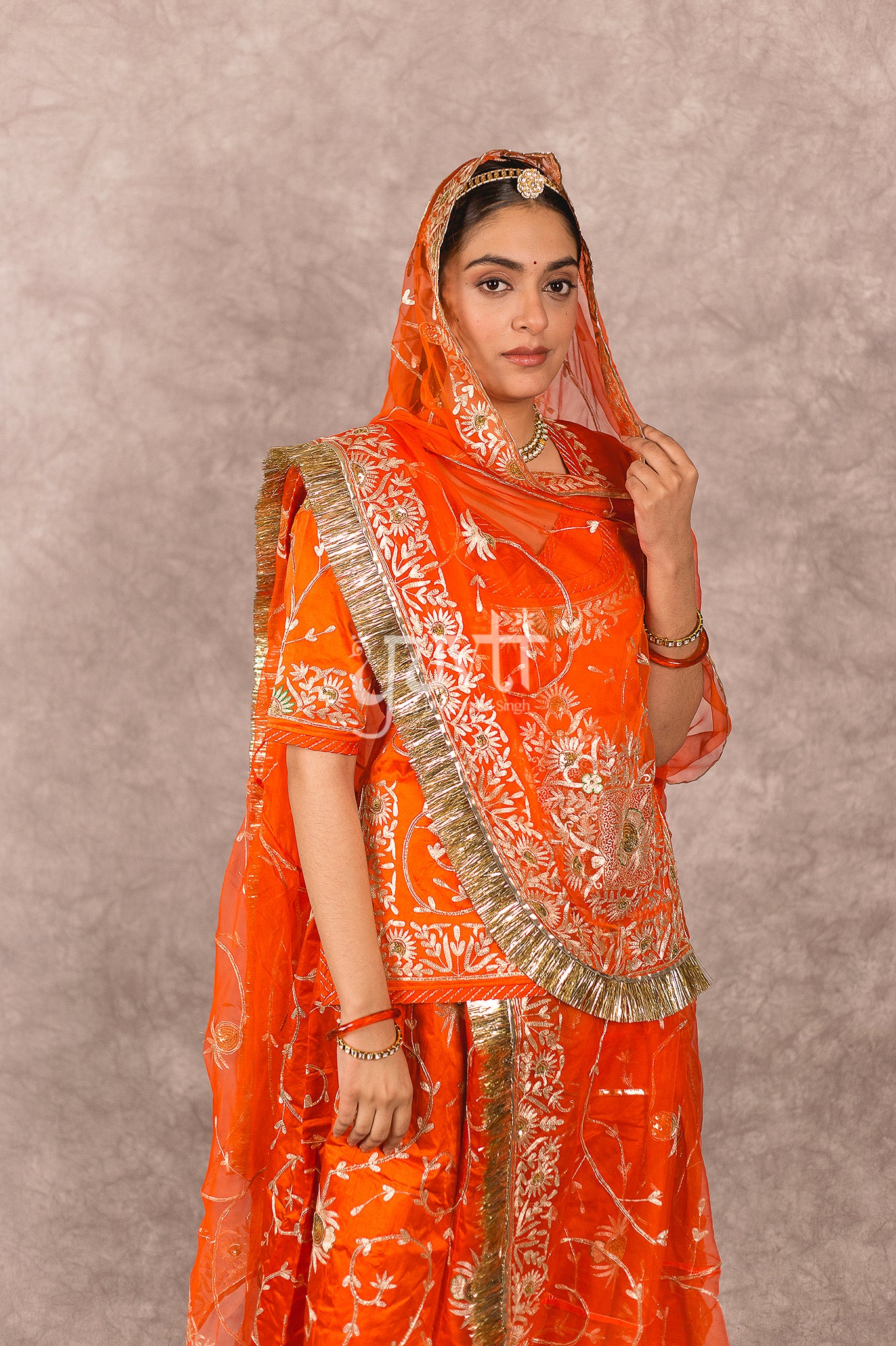 Orange bamber satin Aari Zardosi Handwork Rajputi Poshak with Pure odhna