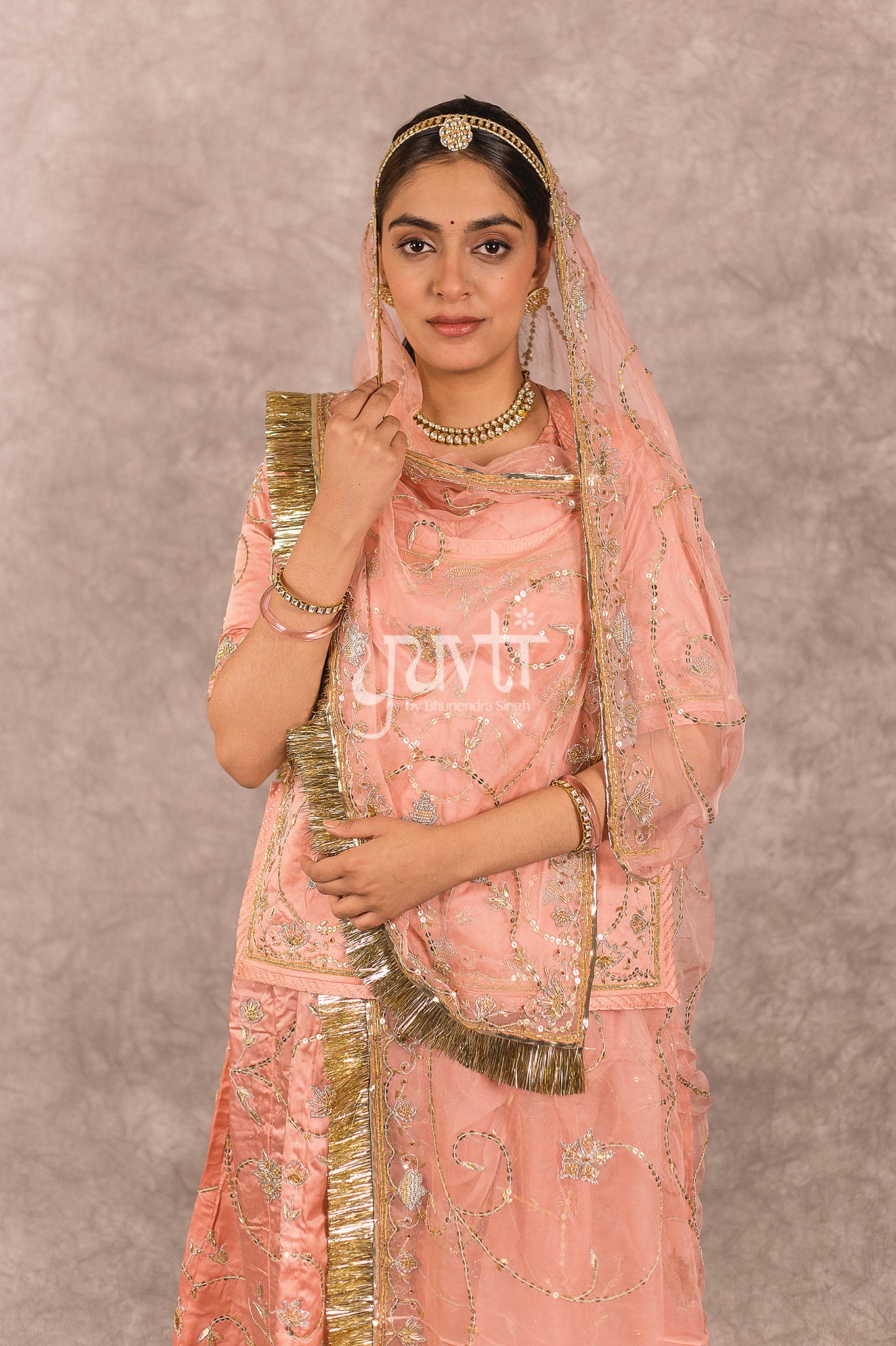 Peach Bamber Satin Zardosi Salma Jaal Work Rajputi Poshak