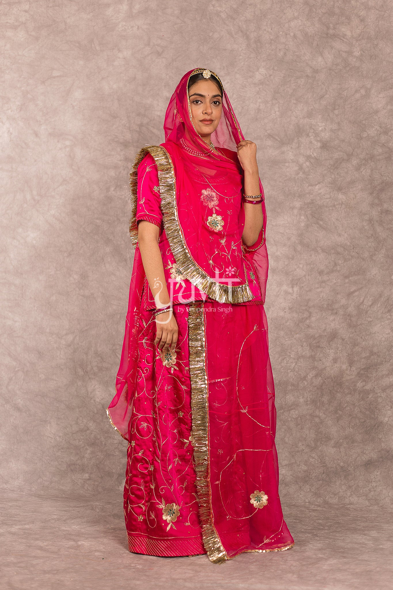 Rani Pink Bamber Satin Aari Sequins handwork Rajputi Poshak