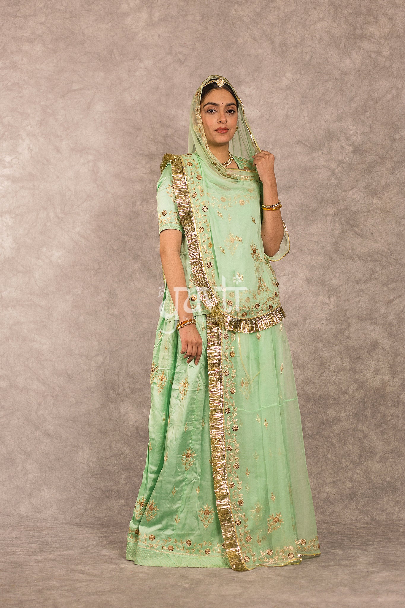 Green Bamber Satin Zari Sequins Work Rajputi Poshak
