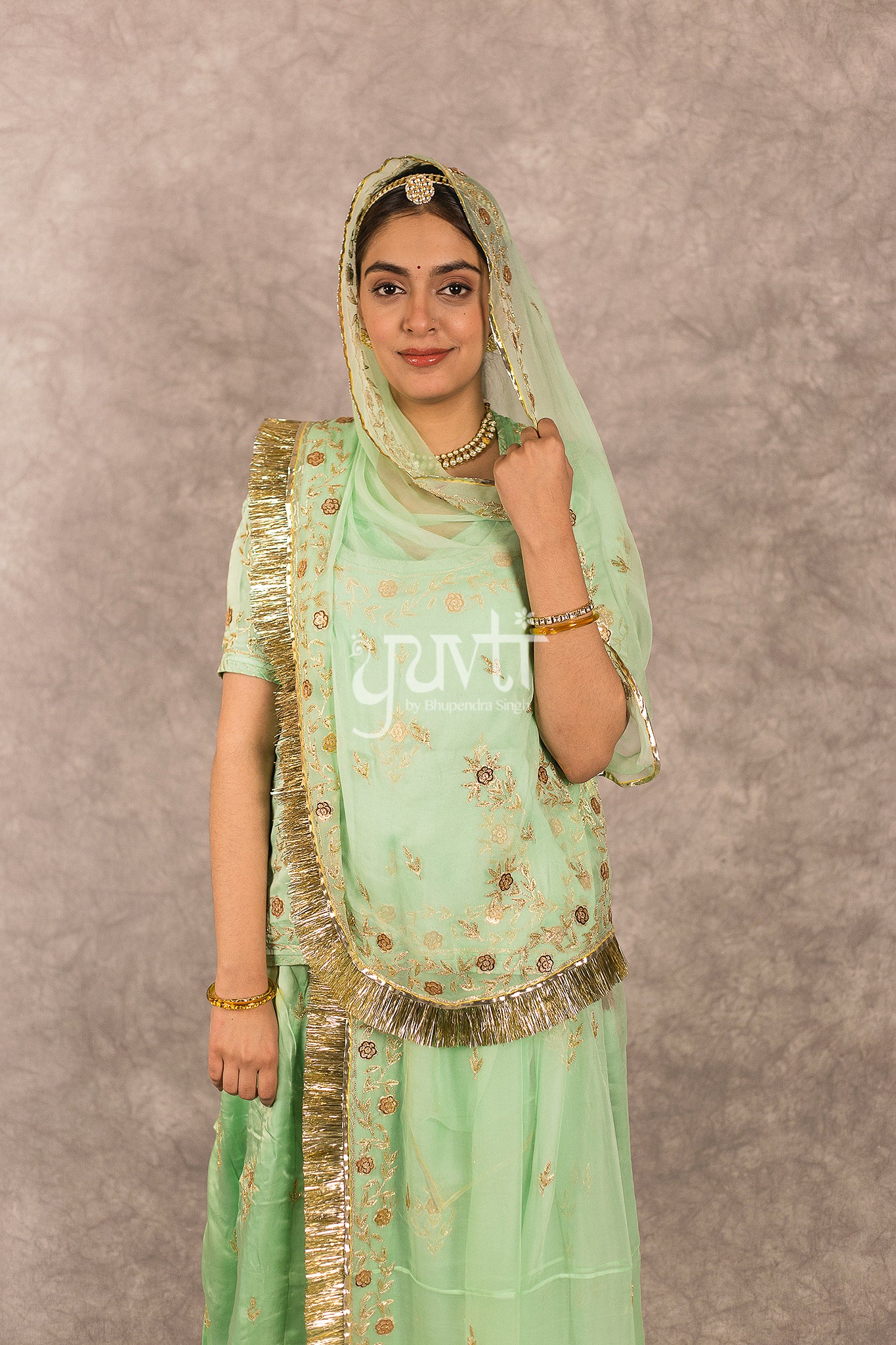Green Bamber Satin Zari Sequins Work Rajputi Poshak