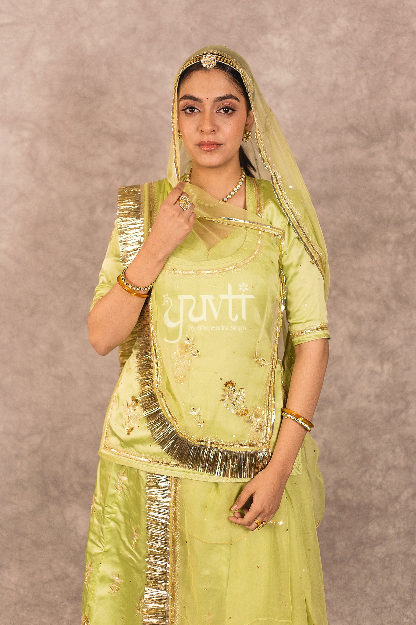 Green Bamber Satin Aari Sequins Work Rajputi Poshak