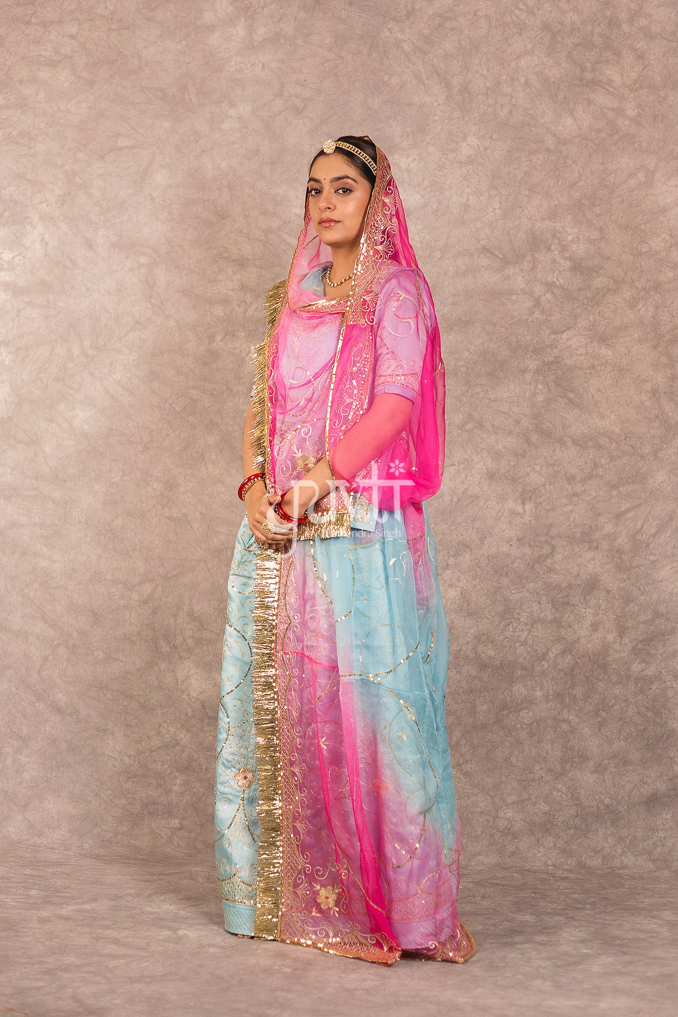 Sky Blue Bamber Satin Aari Sequins Jaal Work Rajputi Poshk with Multi Shaded Odhana