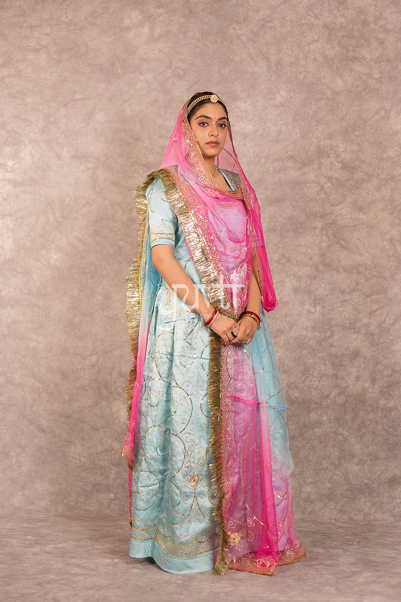 Sky Blue Bamber Satin Aari Sequins Jaal Work Rajputi Poshk with Multi Shaded Odhana