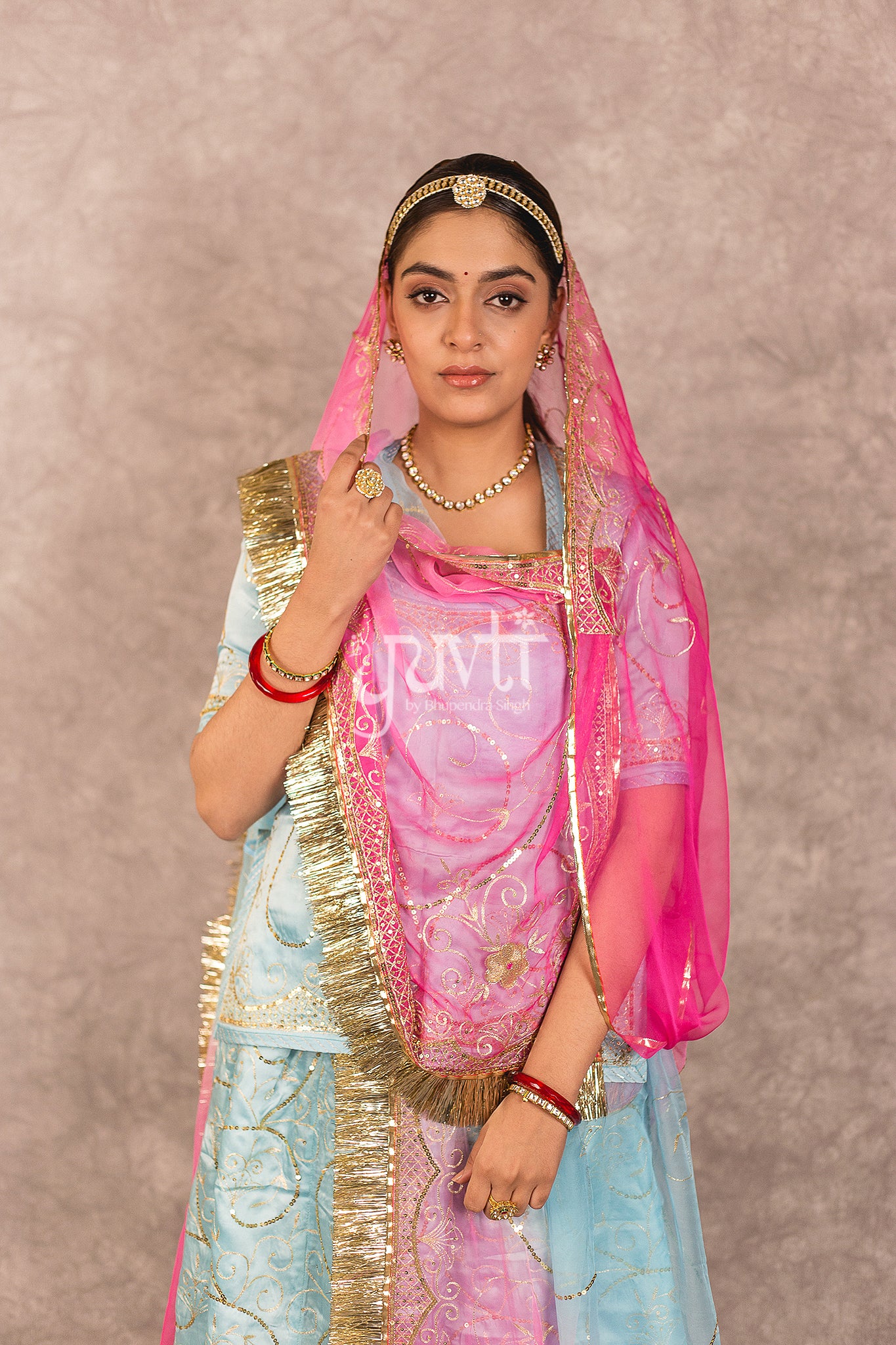 Sky Blue Bamber Satin Aari Sequins Jaal Work Rajputi Poshk with Multi Shaded Odhana