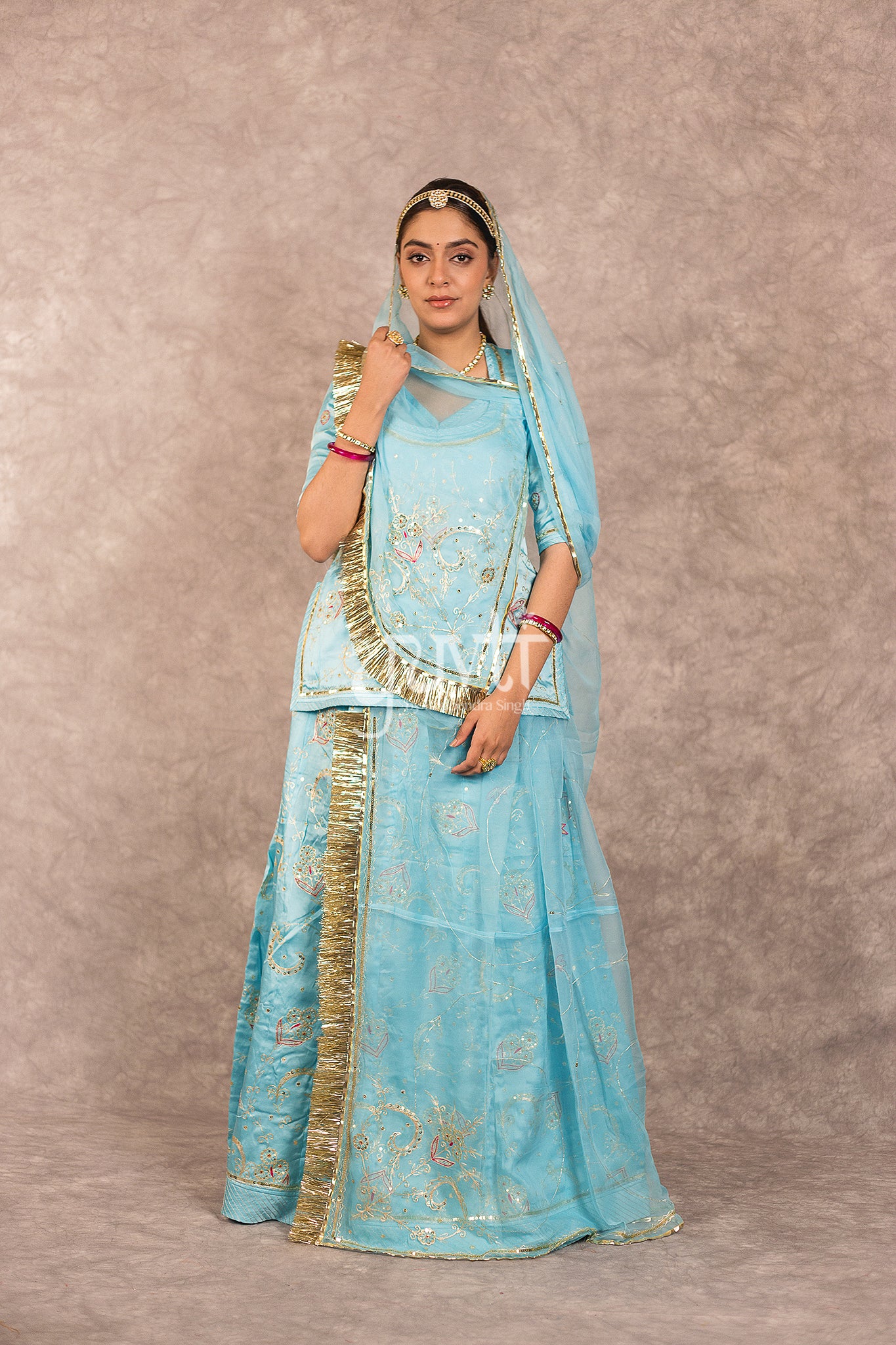 Sky Blue Bamber Satin Aari Sequins work Rajputi Poshak