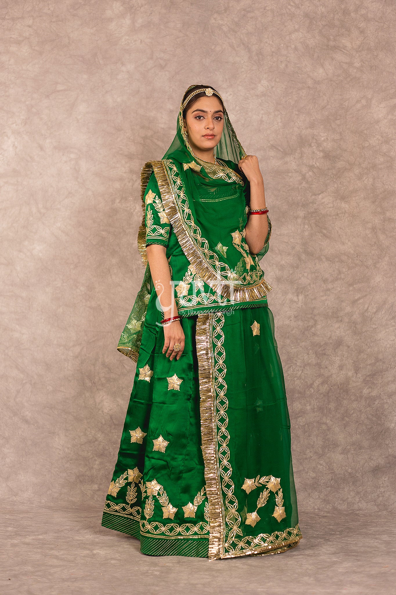 Green Bamber Satin Sikhiya Gota Work Rajputi Poshak