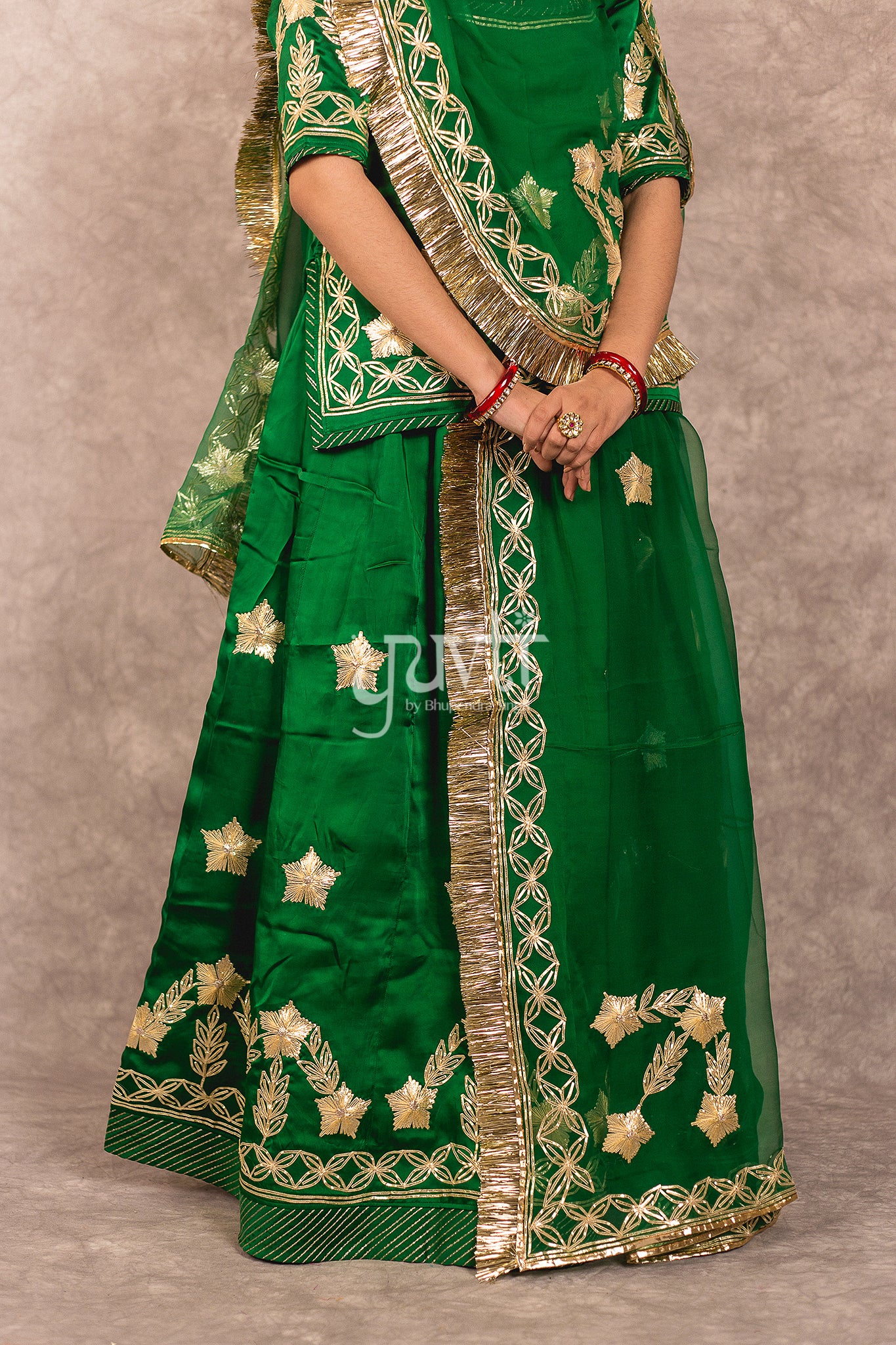 Green Bamber Satin Sikhiya Gota Work Rajputi Poshak