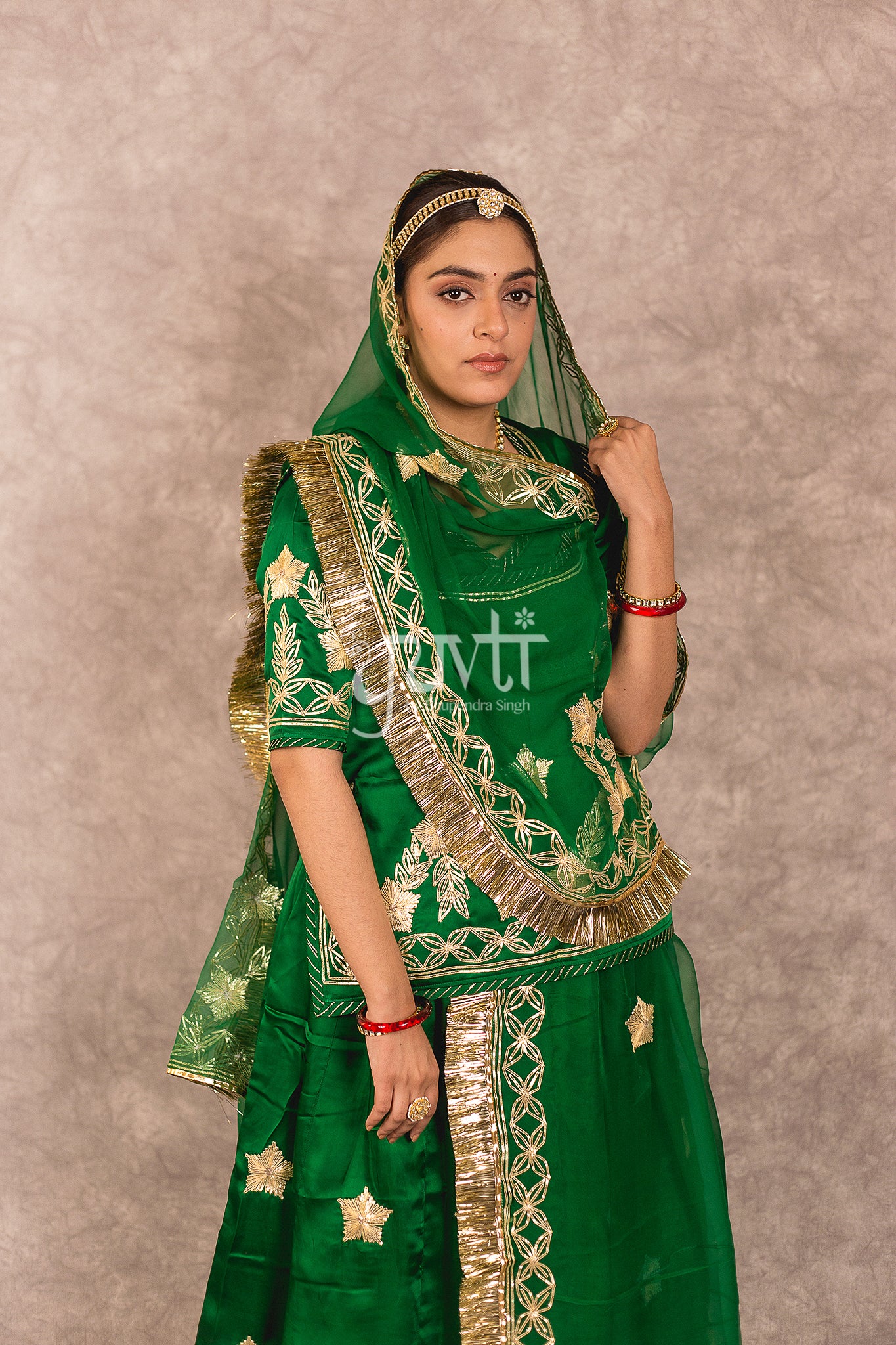 Green Bamber Satin Sikhiya Gota Work Rajputi Poshak