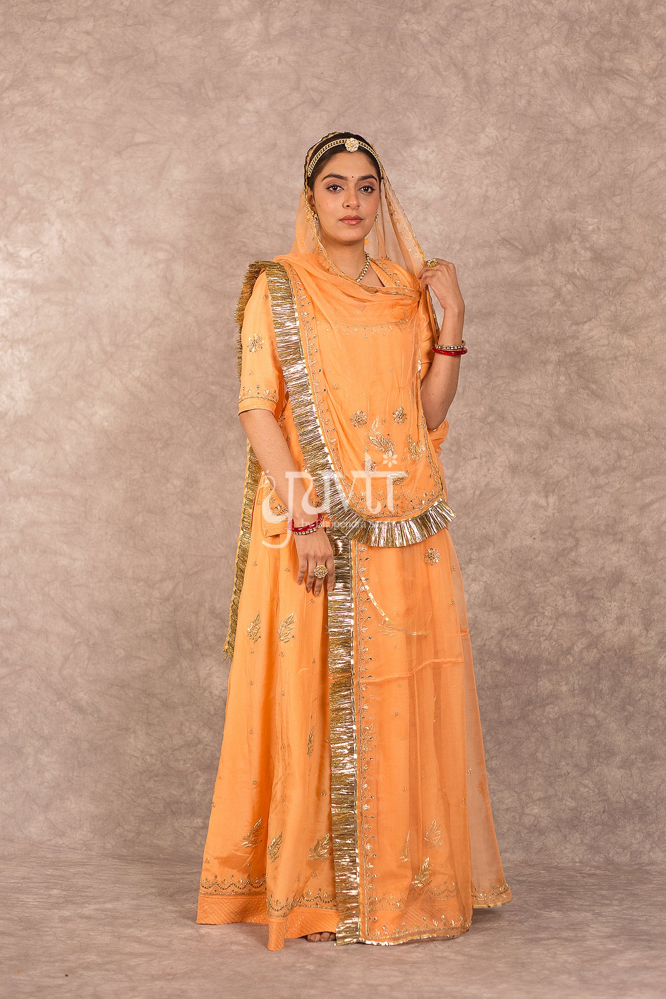 Dark Peach Crepe Kundan Work Rajputi Poshak