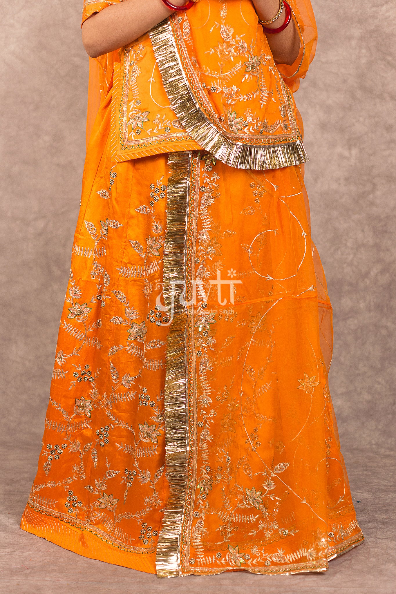 Orange Bamber Satin Aari jaal work Rajputi Poshak
