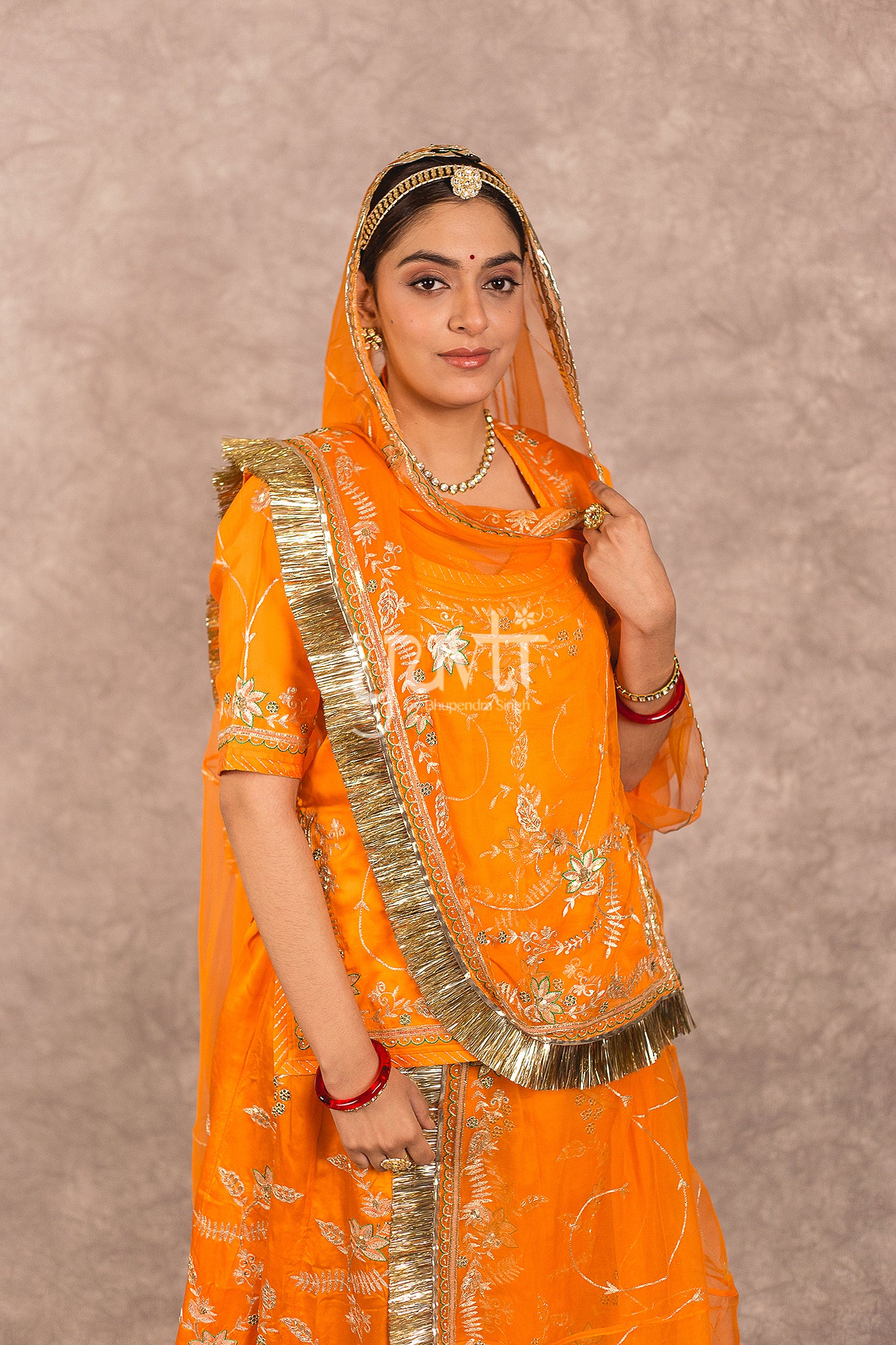 Orange Bamber Satin Aari jaal work Rajputi Poshak