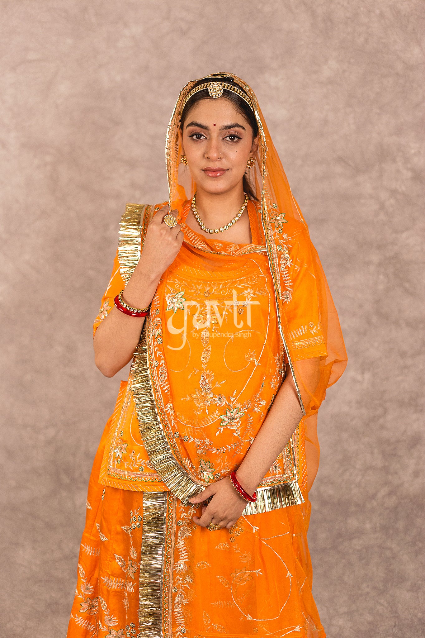 Orange Bamber Satin Aari jaal work Rajputi Poshak