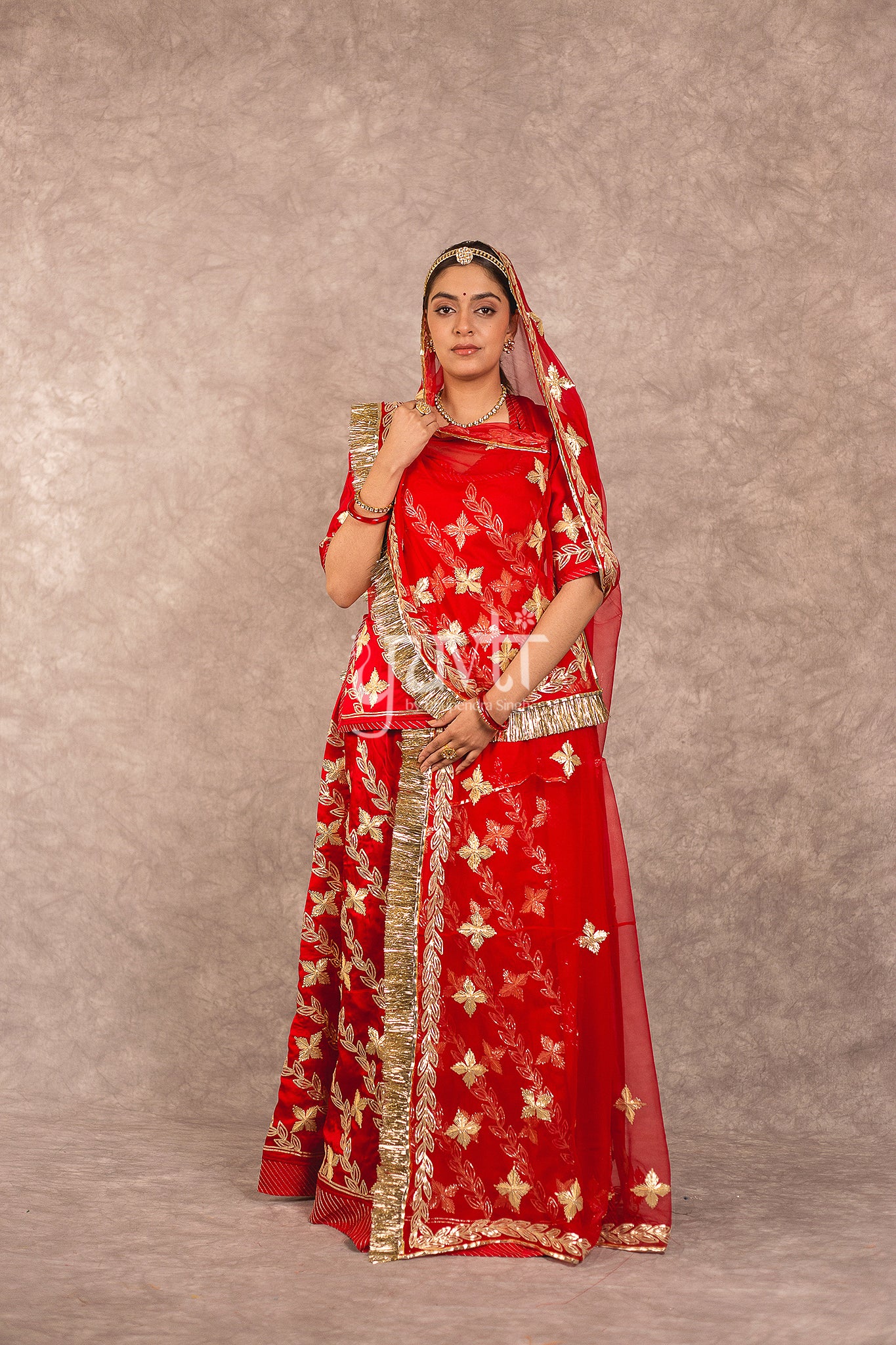 Red Bamber Satin Sikhiya Gota Work Rajputi Poshak