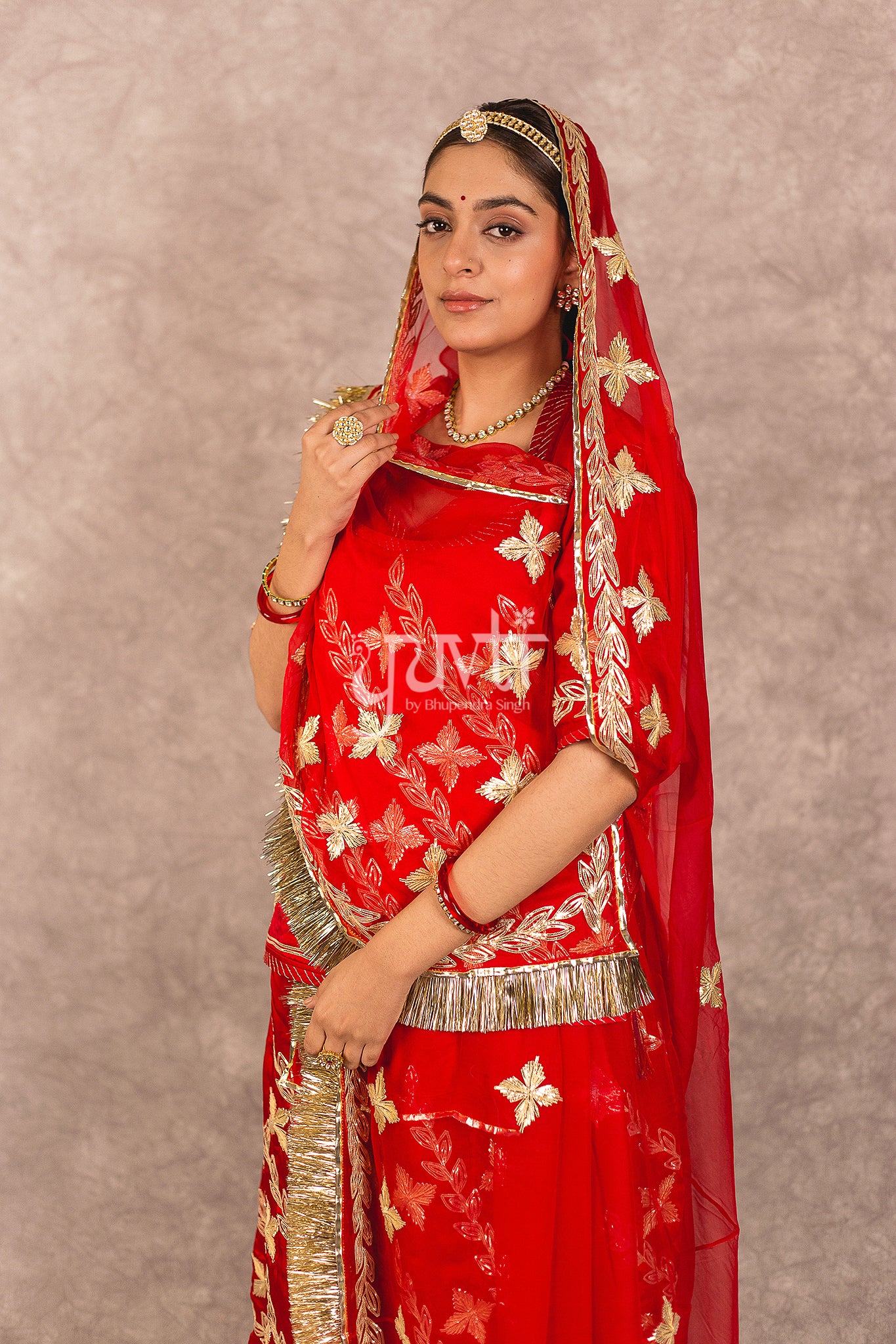 Red Bamber Satin Sikhiya Gota Work Rajputi Poshak