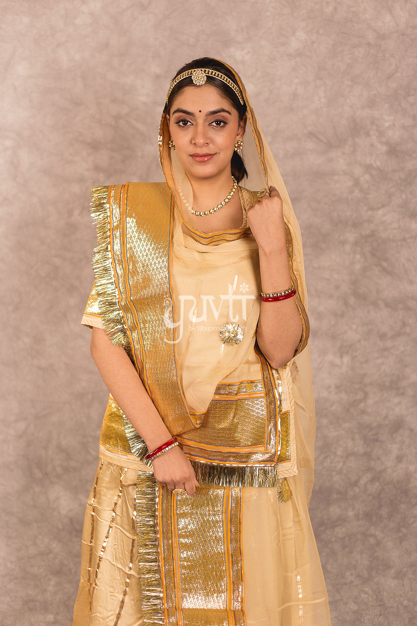 Beige Bamber Satin Laffa Gota Work Rajputi Poshak
