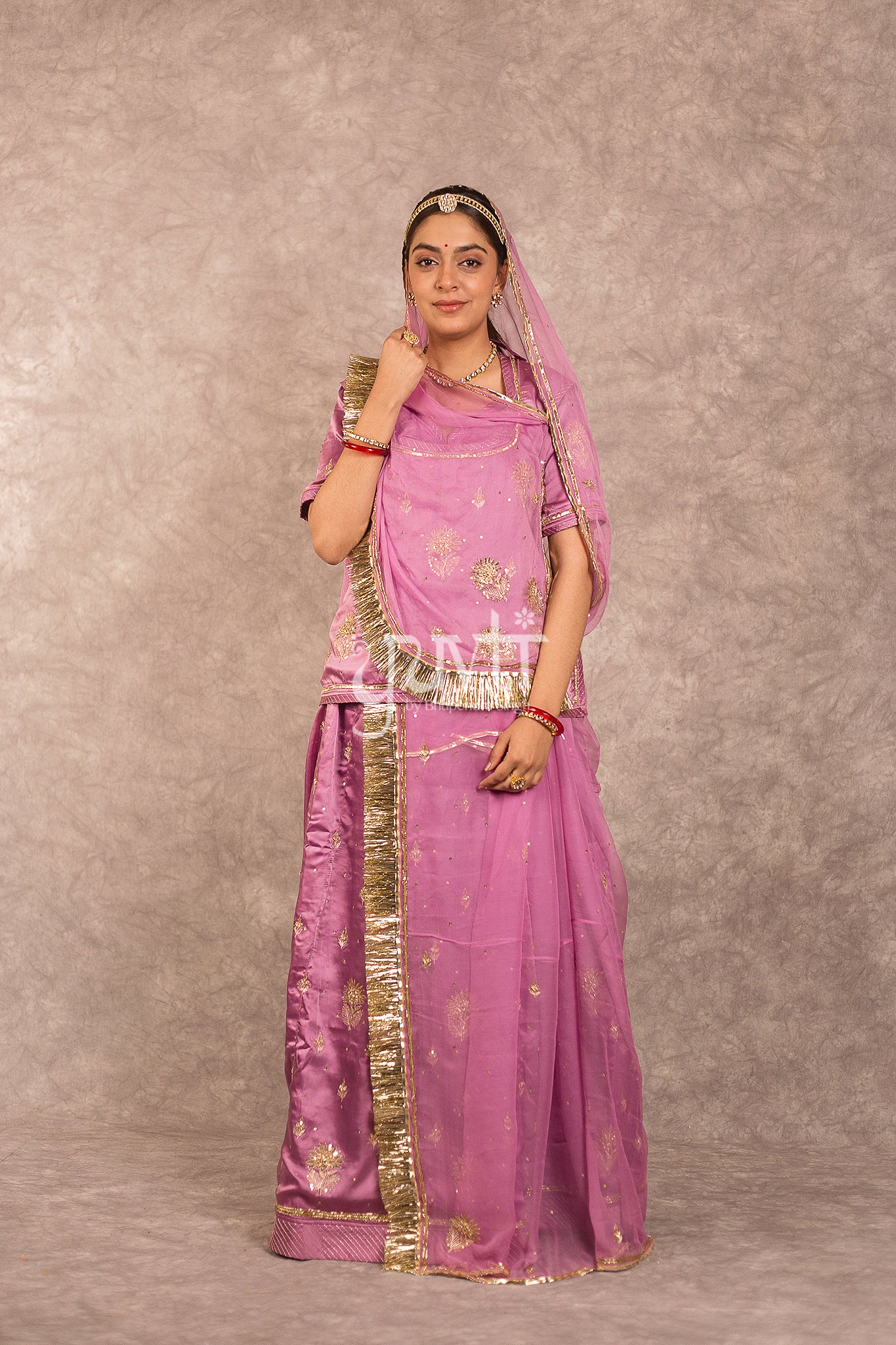 Mof Light Wine Bamber Satin Aari sequins Booti work Rajputi Poshak