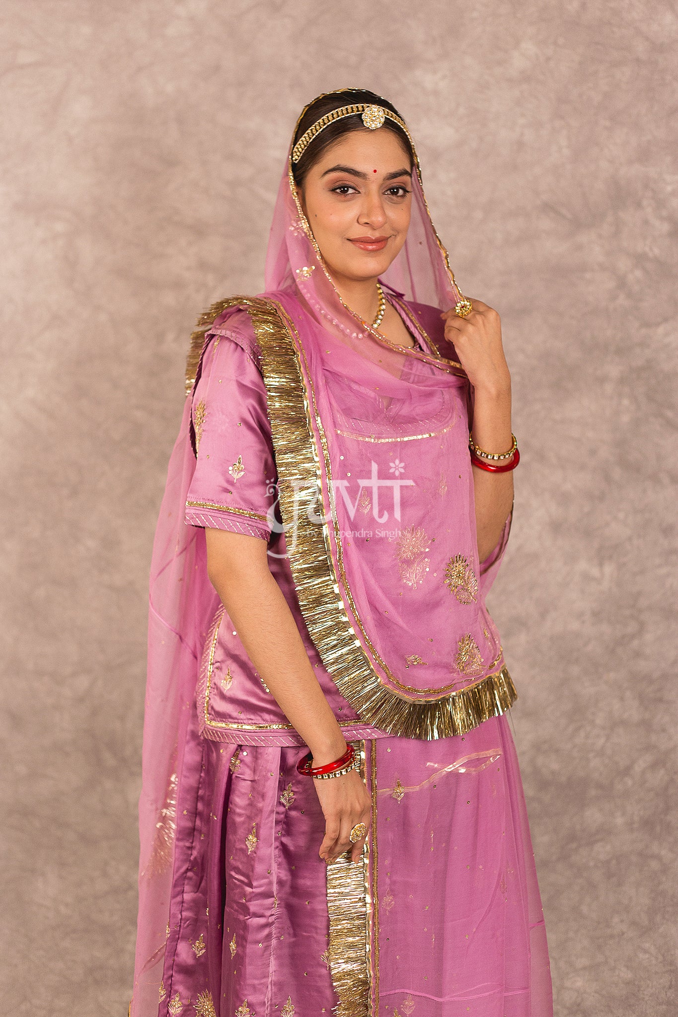 Mof Light Wine Bamber Satin Aari sequins Booti work Rajputi Poshak