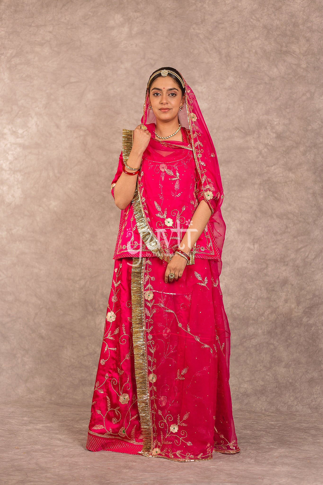 Rani Pink Bamber Satin Aari Katori Jaal work Rajputi Poshak