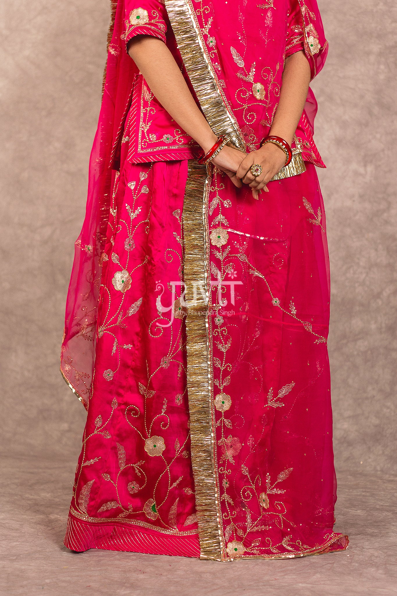 Rani Pink Bamber Satin Aari Katori Jaal work Rajputi Poshak