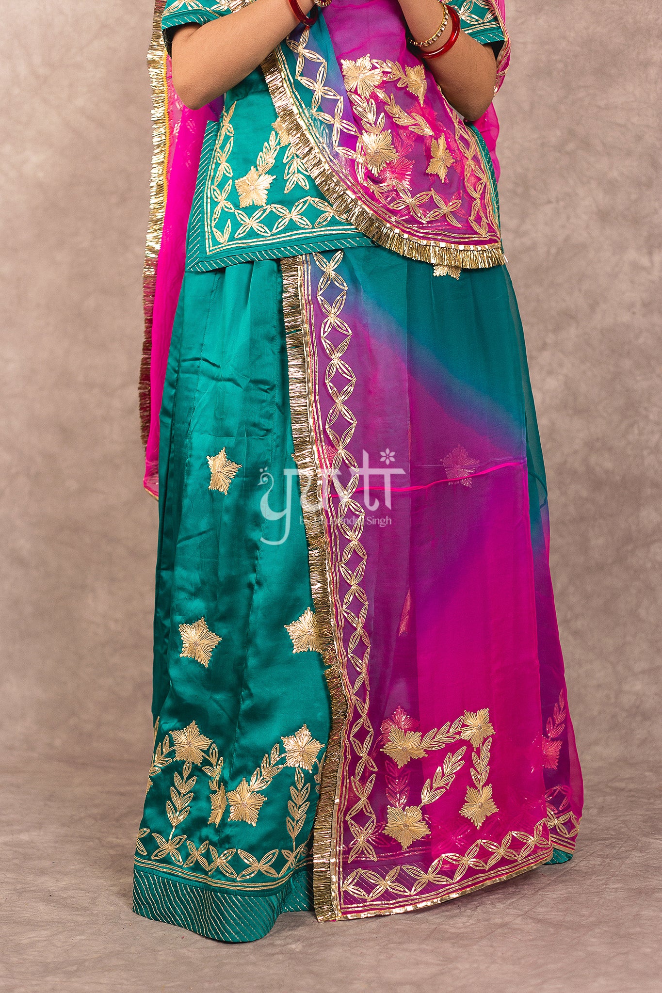 Rama Bamber Satin Sikhiya Gota work Rajputi Poshak with Multi Shaded Odhana