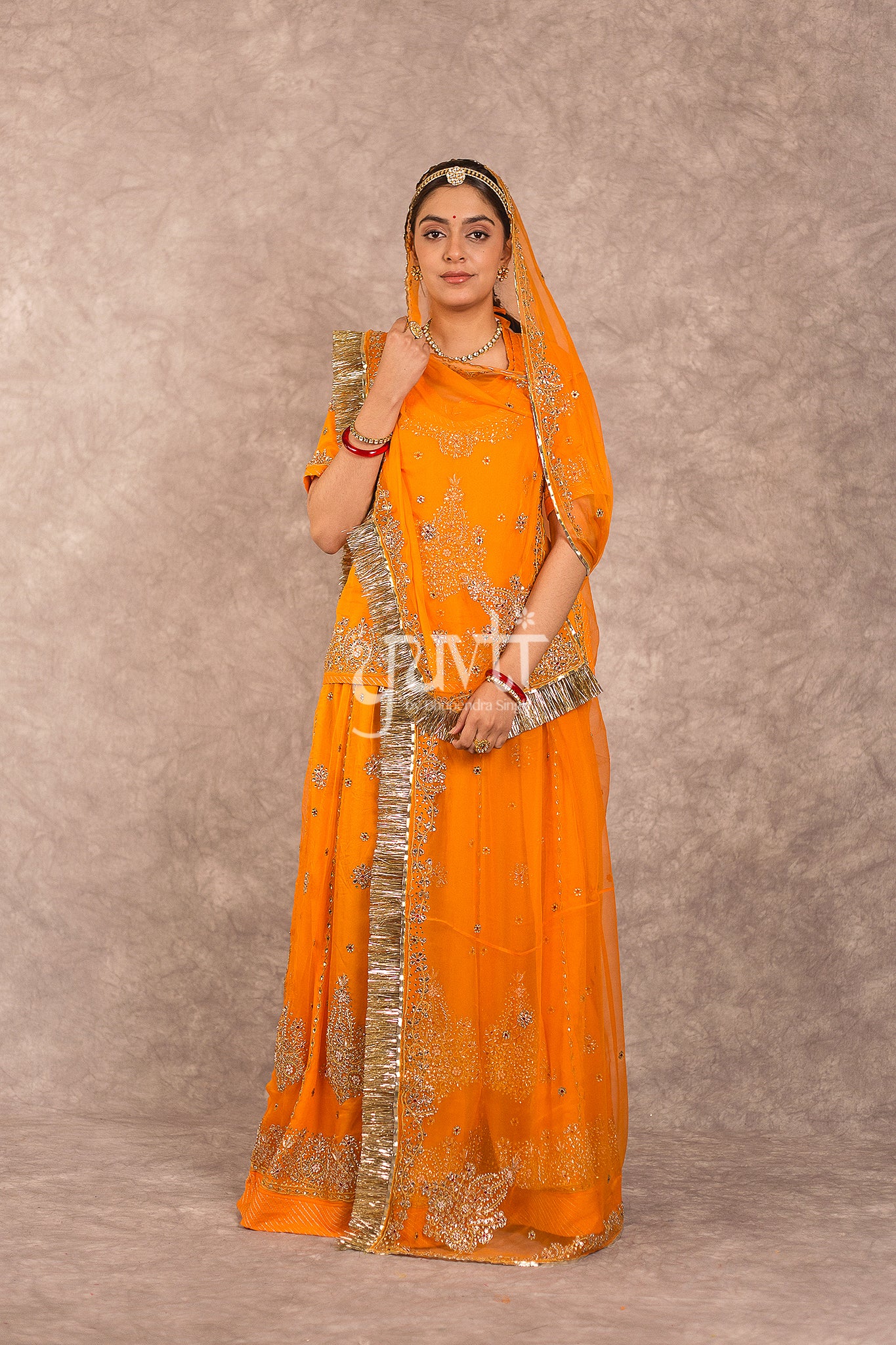 Orange Pure Georgette Kundan Dori Work Rajputi Poshak