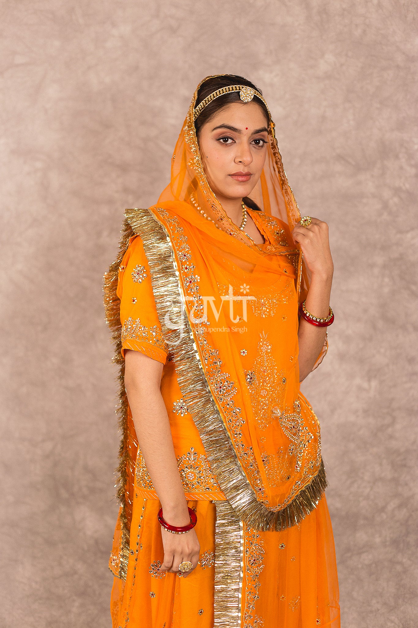 Orange Pure Georgette Kundan Dori Work Rajputi Poshak