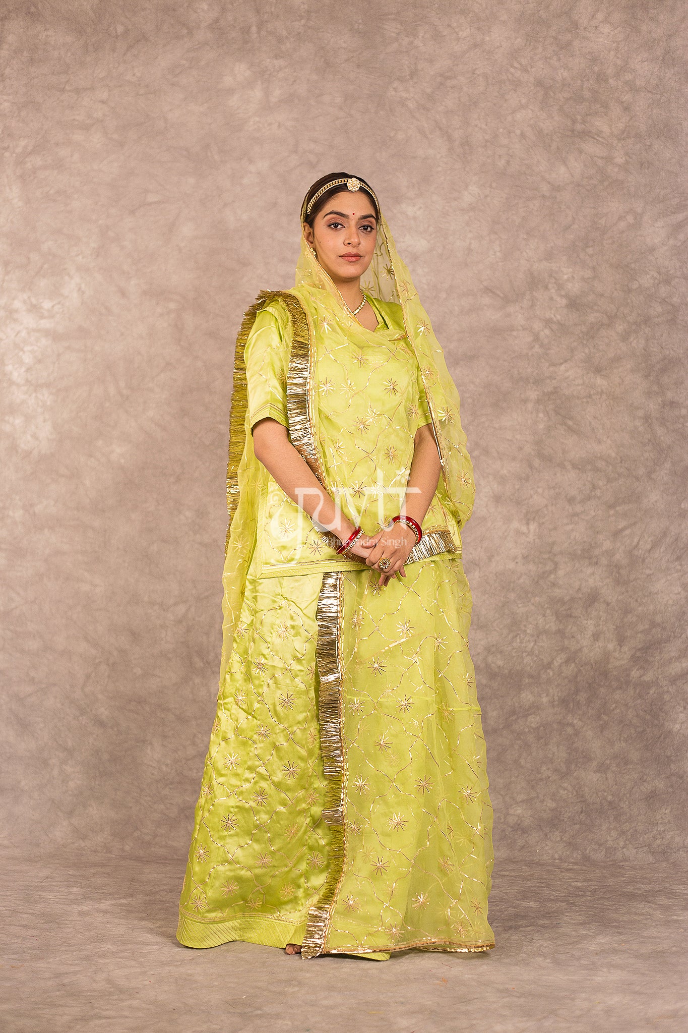 Pista Green Bamber Satin Sikhiya Jaal Work Rajputi Poshak