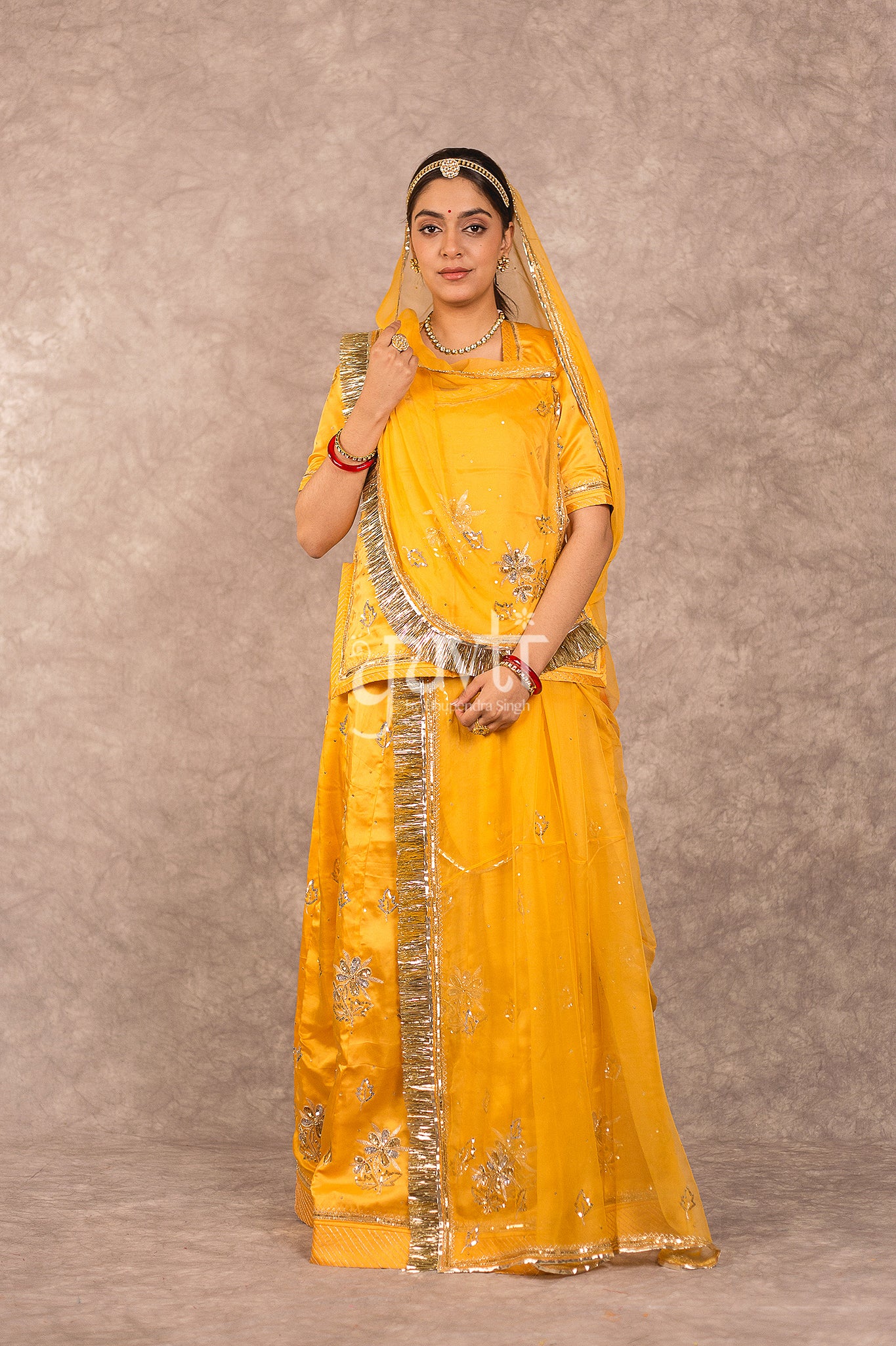 Yellow Bamber Satin Aari Sequins Boota work Rajputi Poshak