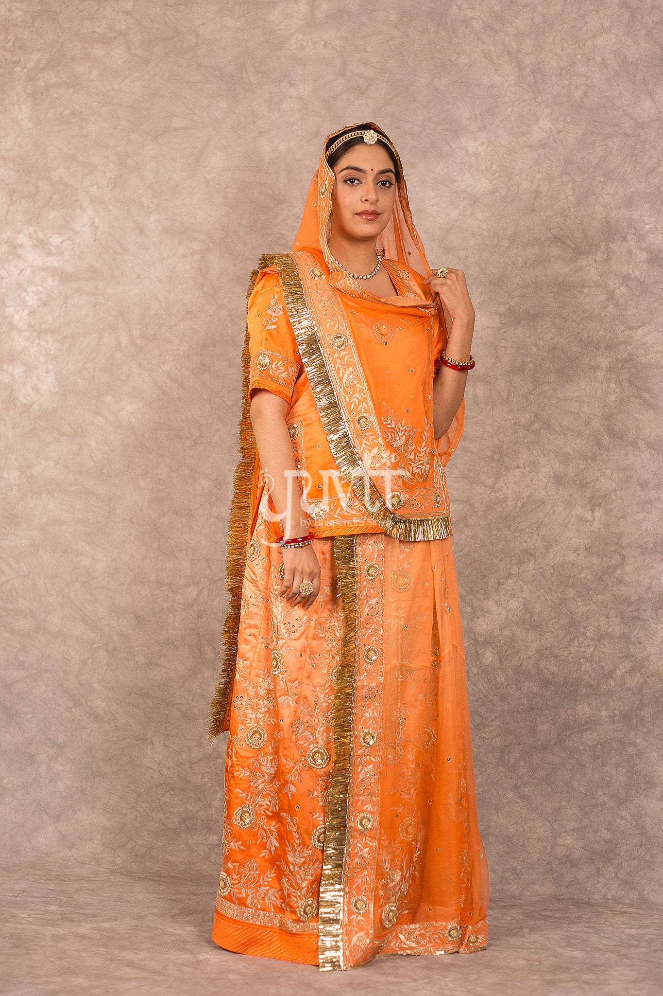 Orange Bamber Satin Aari Zardosi Workk Rajputi Poshak