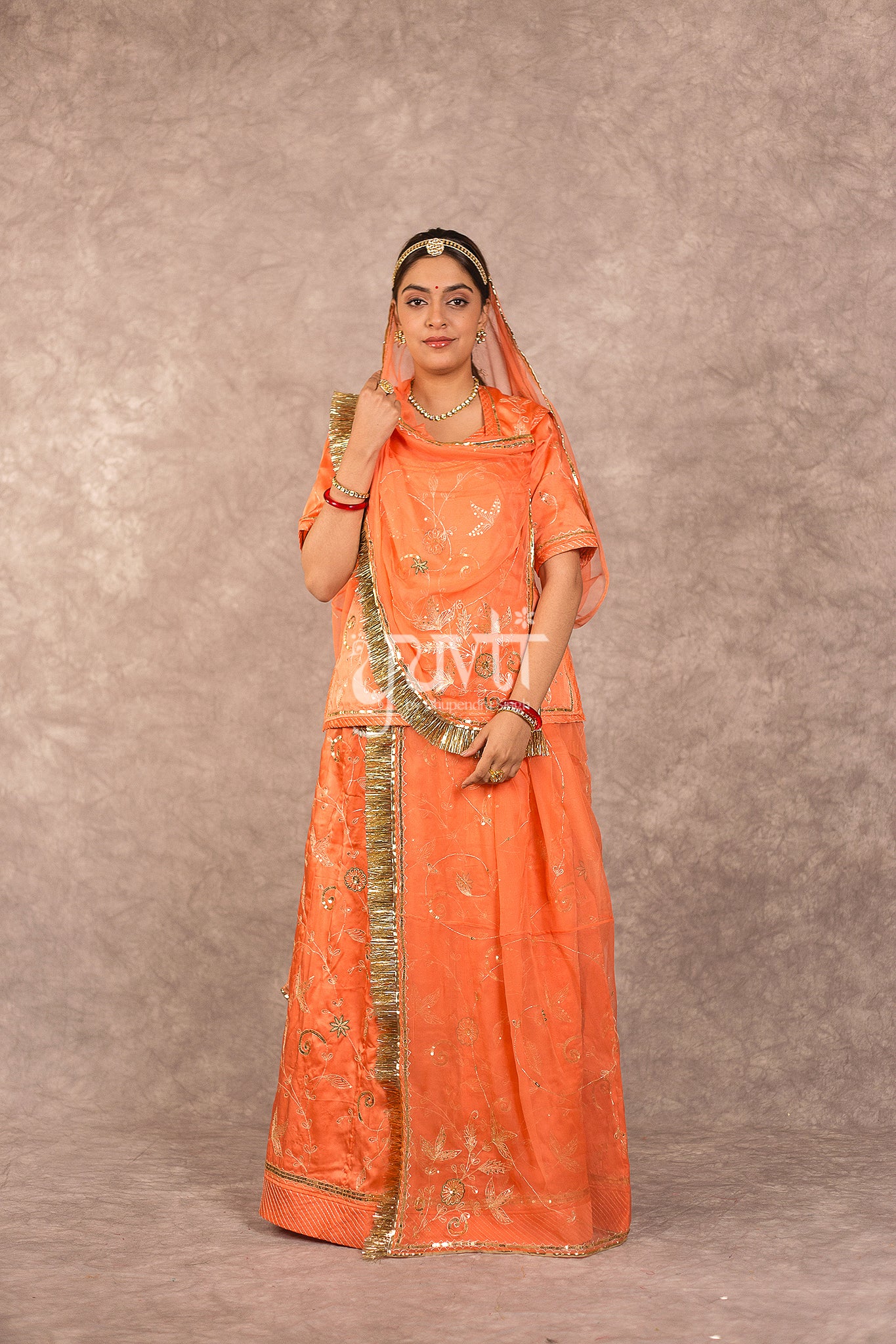 Orange Bamber Satin Aari Sequins Work Rajputi Poshak