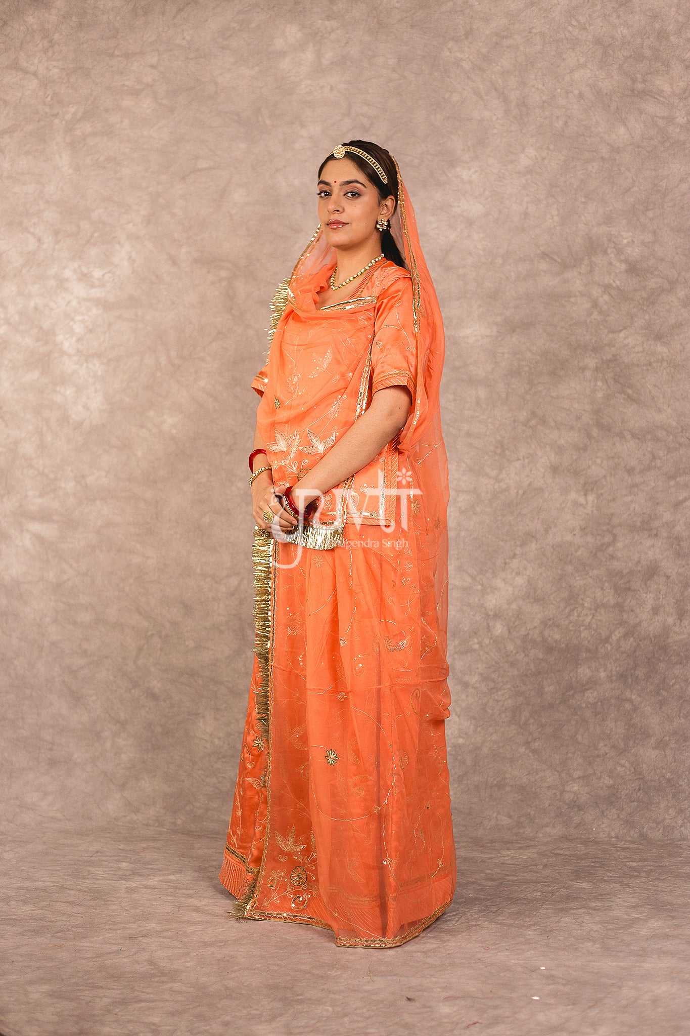 Orange Bamber Satin Aari Sequins Work Rajputi Poshak