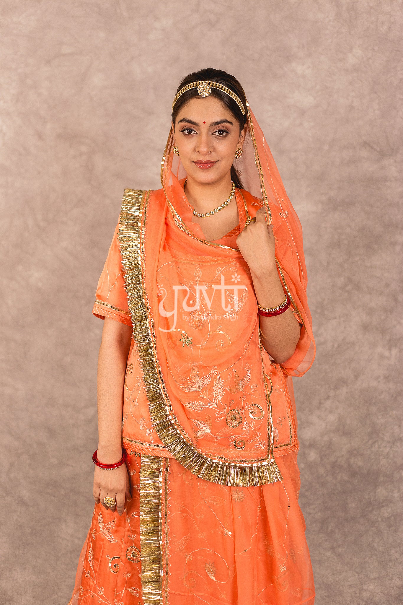 Orange Bamber Satin Aari Sequins Work Rajputi Poshak