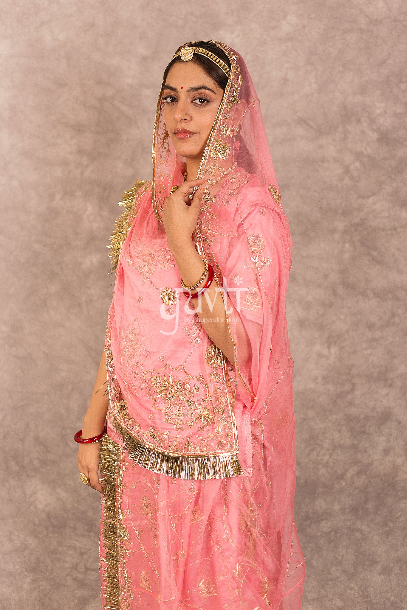 Gajri Pink Bamber Satin Aari Zardosi Workk Rajputi Poshak