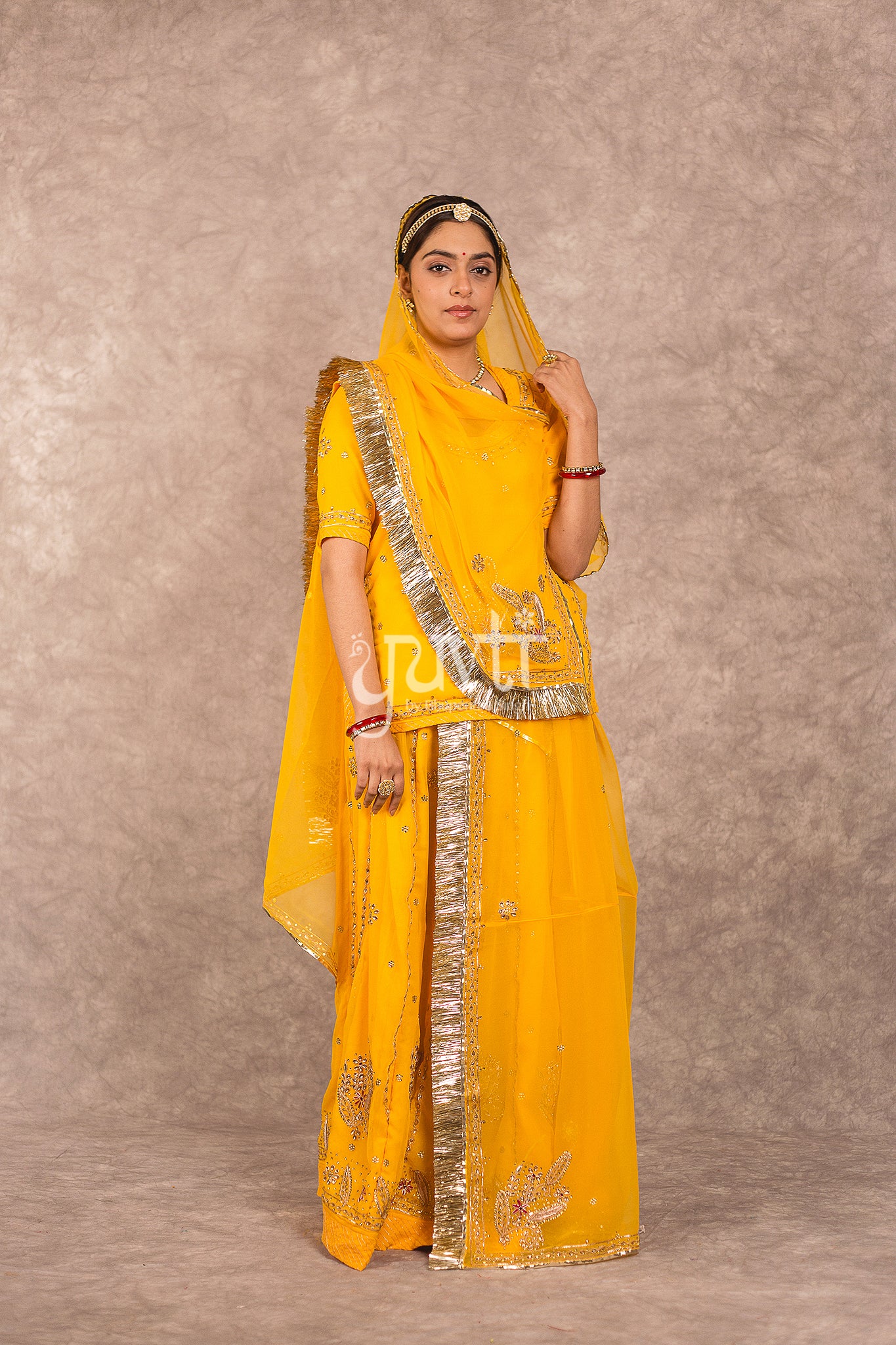 Yellow Semi Georgette Zardosi Resham Kundan Work Rajputi Poshak