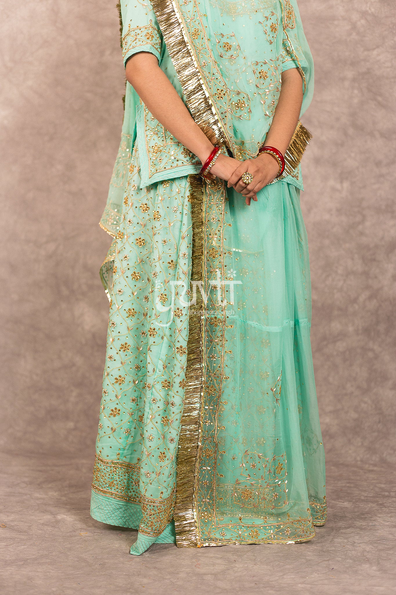 Sea Green Pure Georgette Kundan Dori Jaal Zardosi Highlight Rajputi Poshak