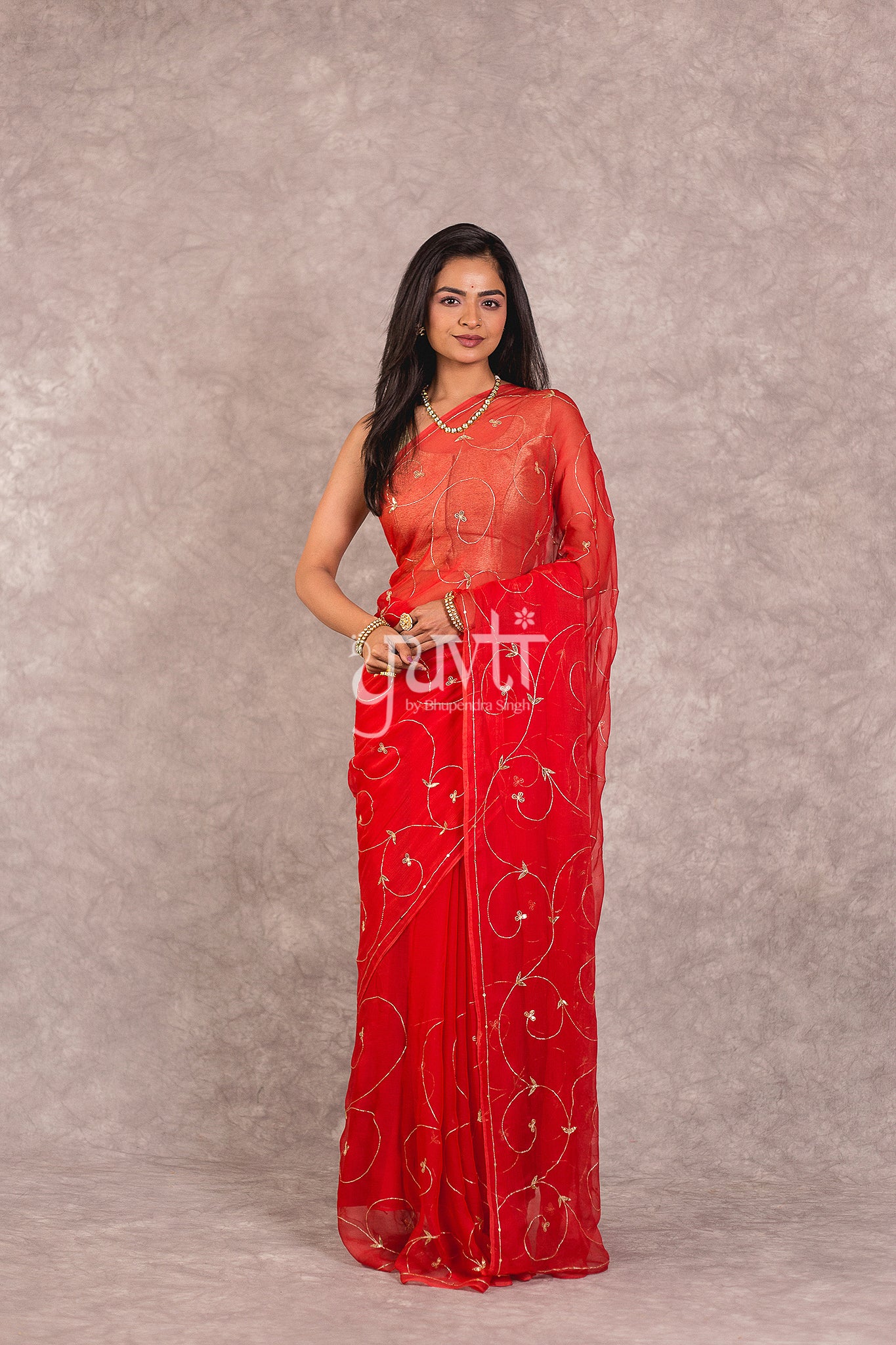 Red Viscose Chiffon Aari Sequins Jaal Work Saree