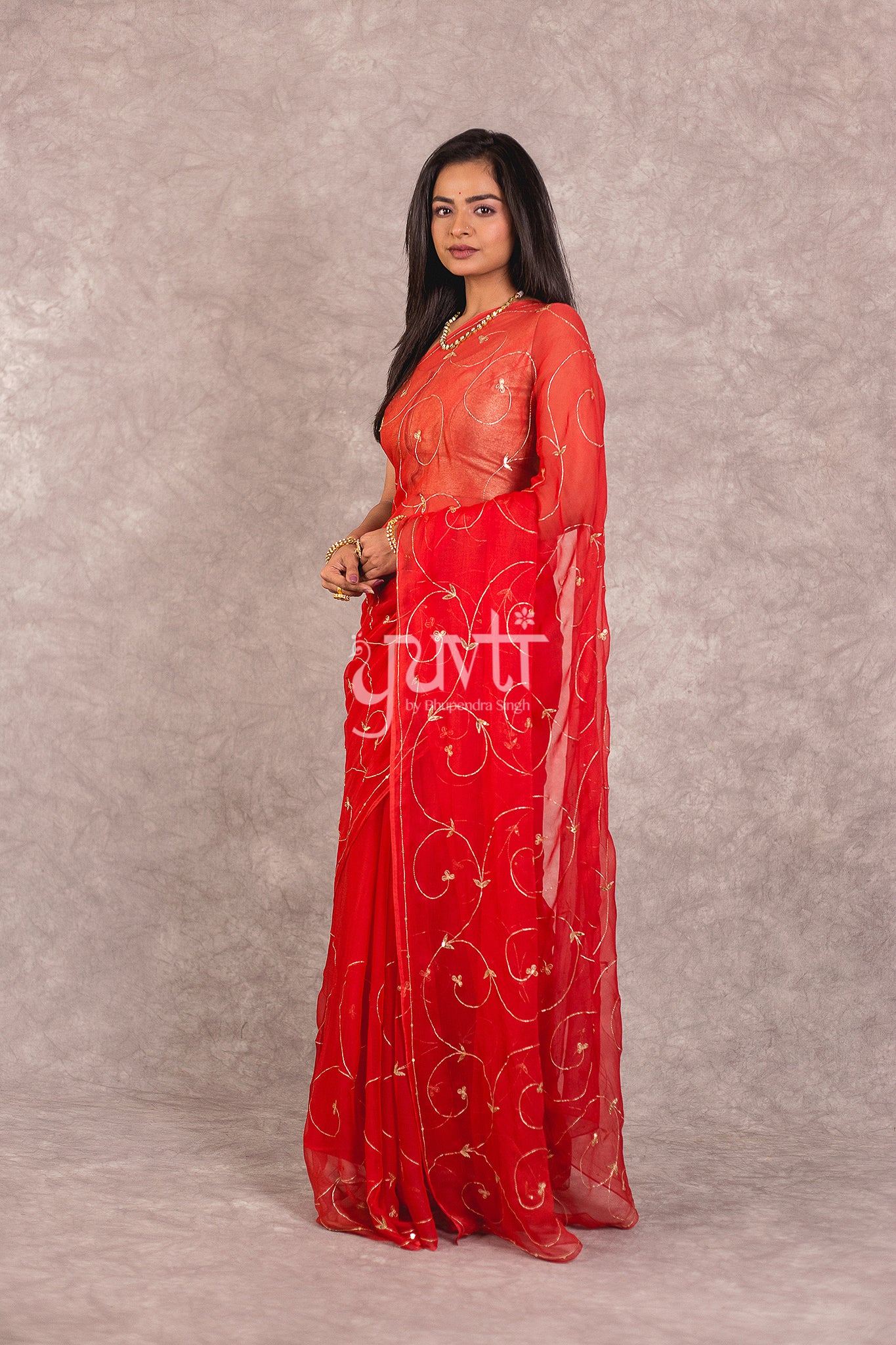 Red Viscose Chiffon Aari Sequins Jaal Work Saree